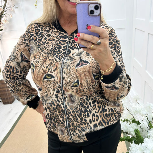 Azure: Leopard print soft feel bomber jacket. One size: 16-20