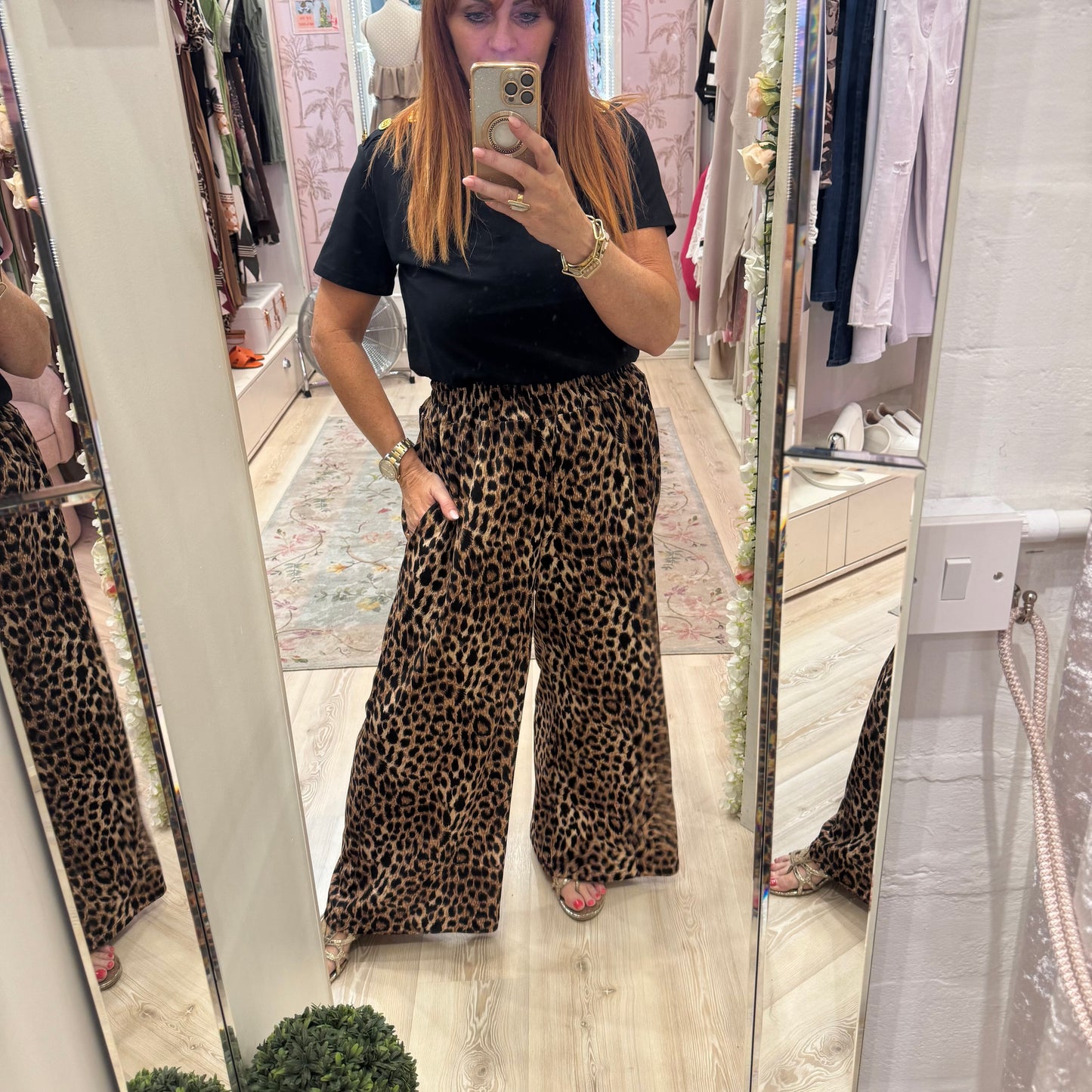 Anna: Leopard print plus size trousers. One Sz: 14-20