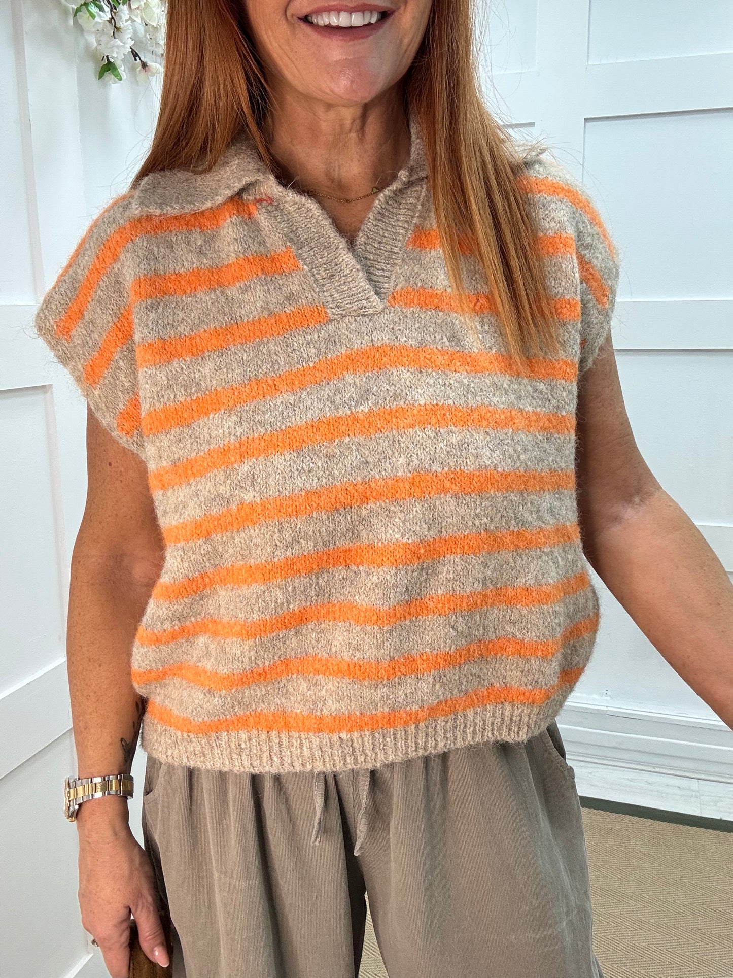 Talisa: Orange & beige stripe sleeveless top. One size 12-18