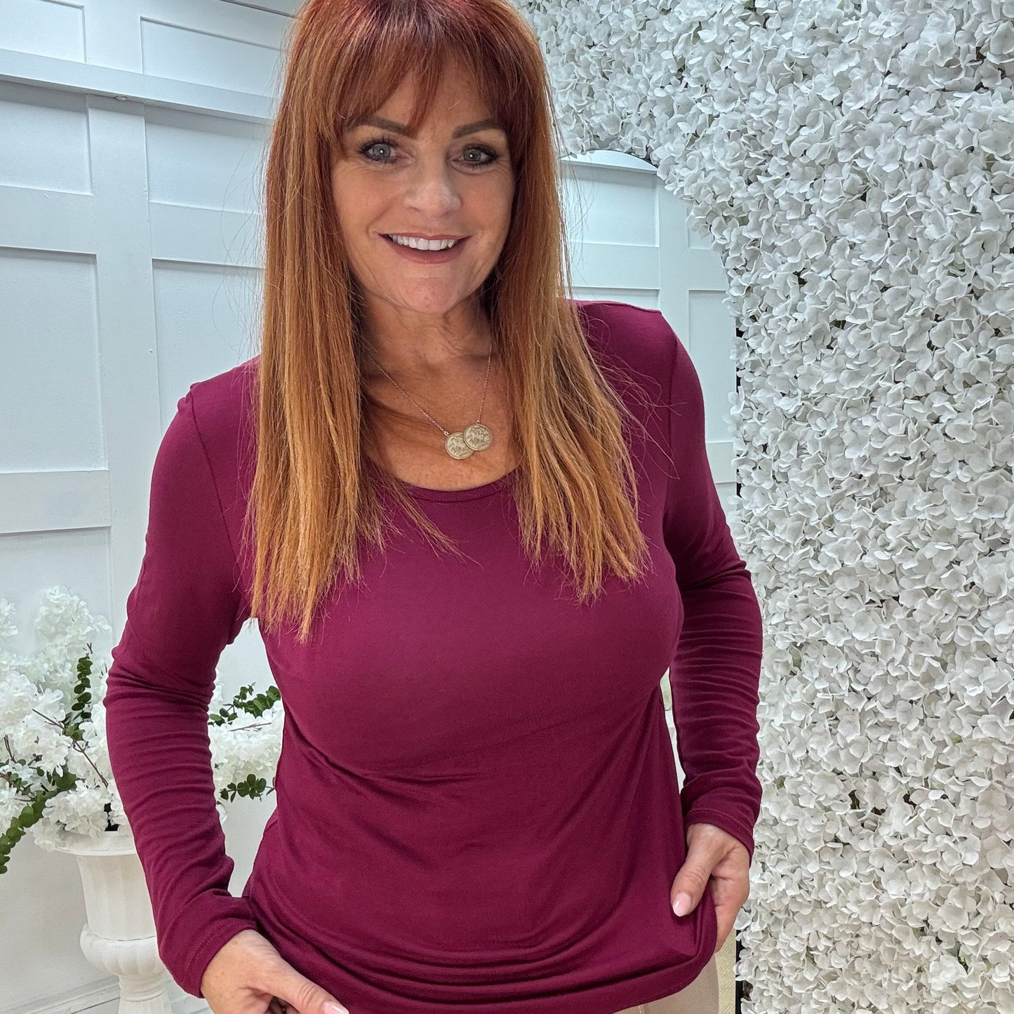 Bessie: Burgundy basic long sleeve top. One size: 10-16/18