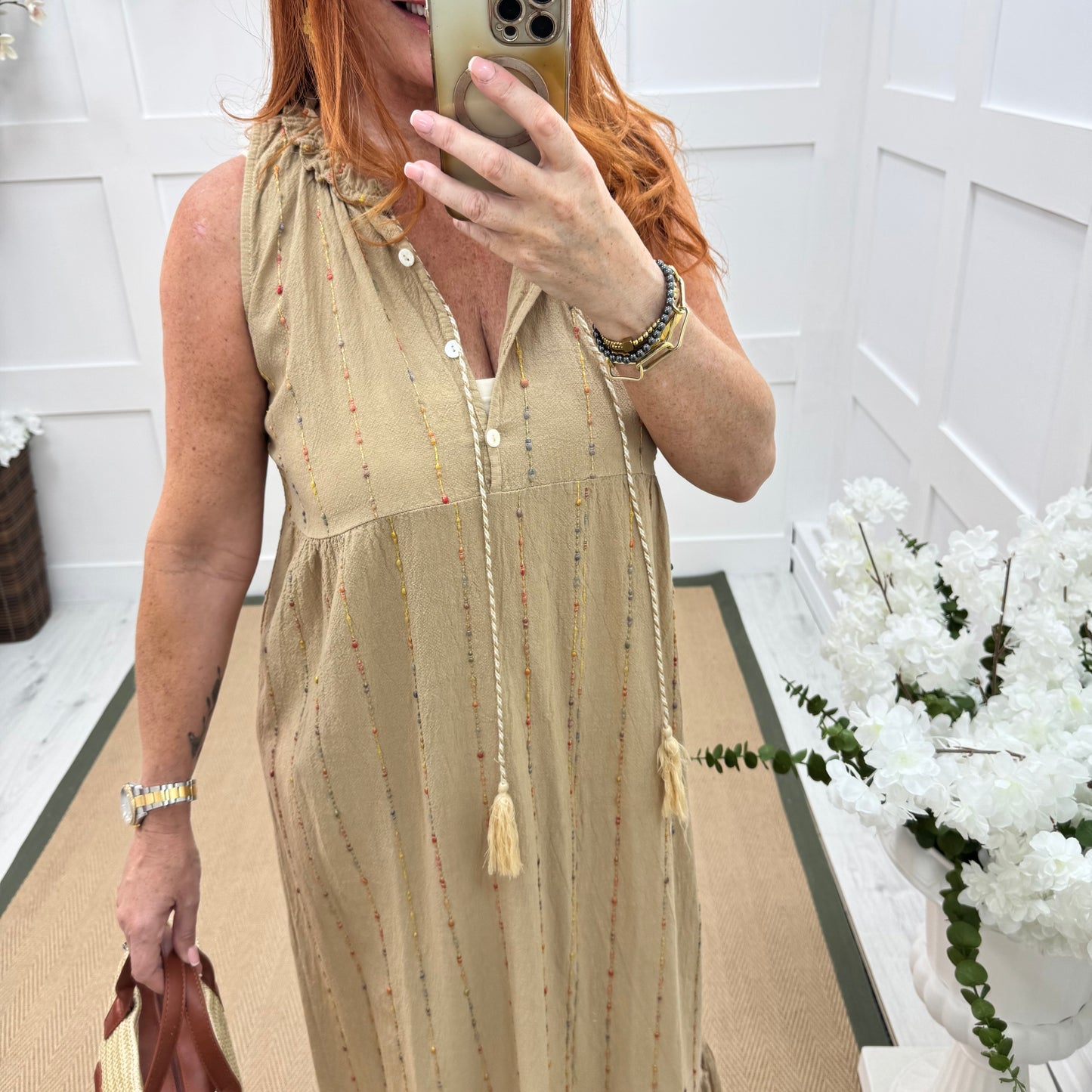 Delores: Sand embroidered cotton midi dress. One size: 10-16