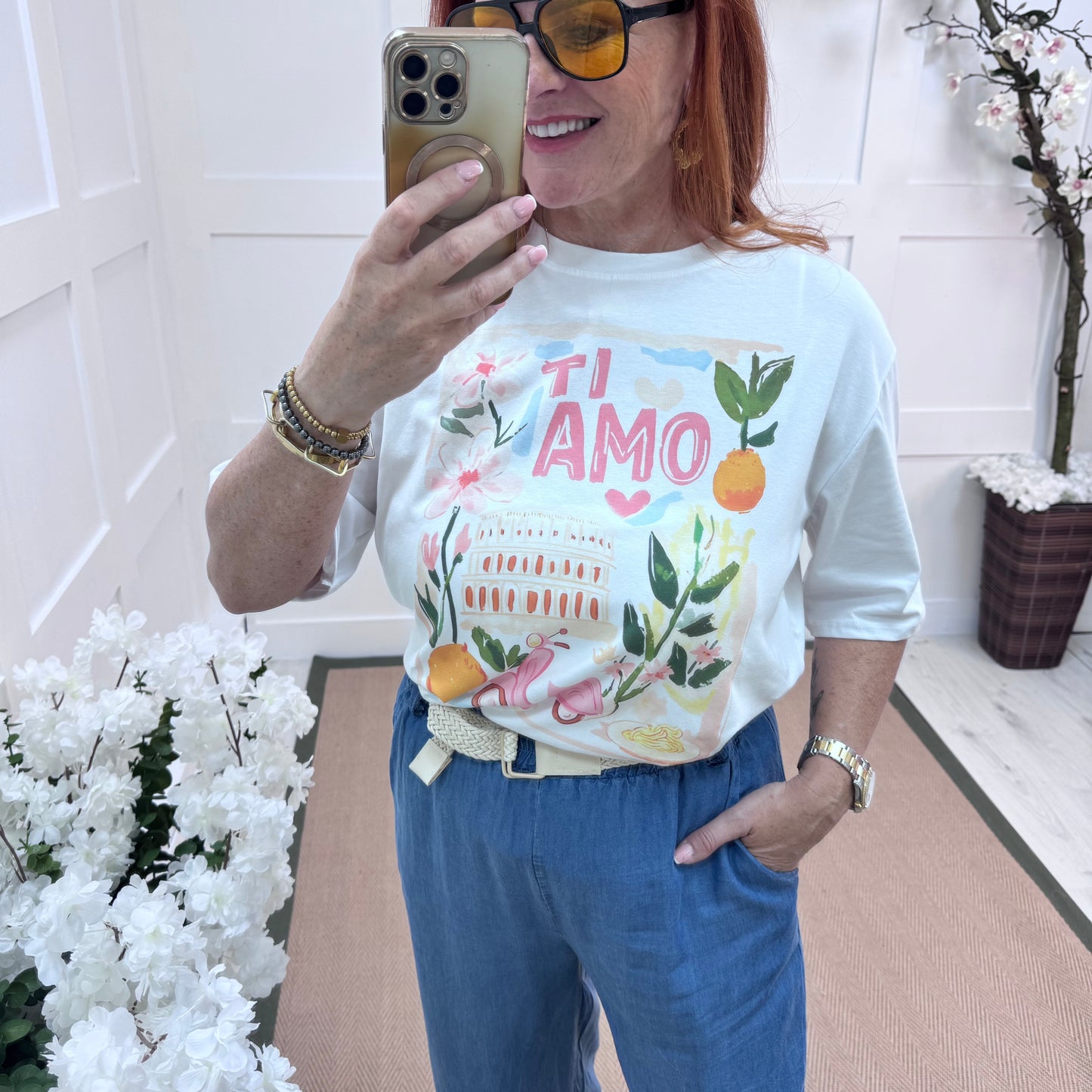 Tori: White Italian Ti Amo print T shirt. One size 14-18
