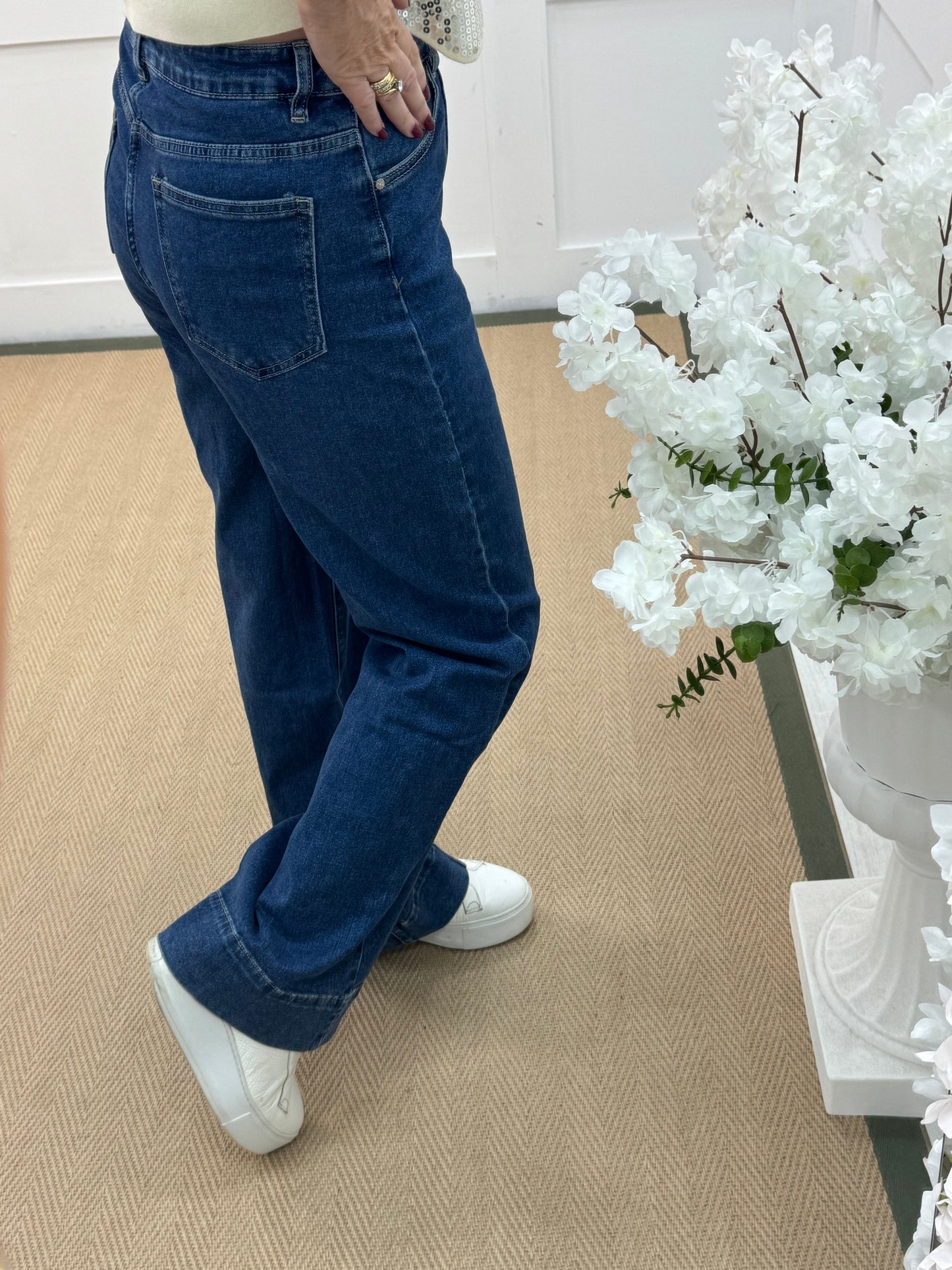 Benita: Blue high waist wide leg jeans. Sizes: 6-14