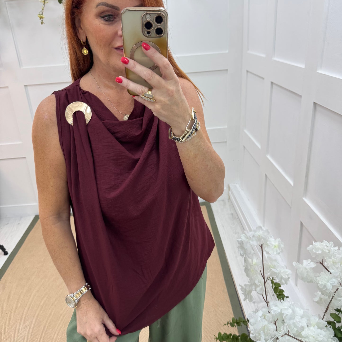 Melissa: Burgundy cowl neck top & trouser co-ord set. One size: 12-18