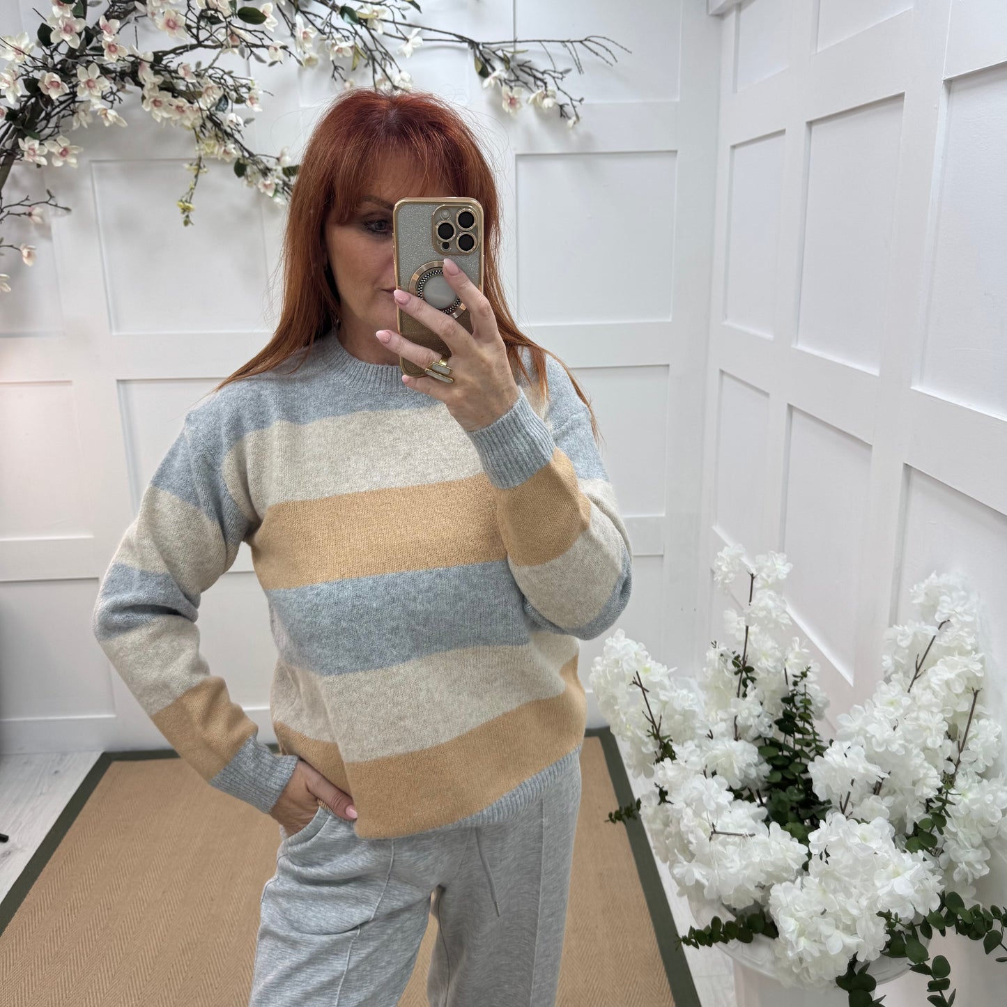 Minty: Beige stripe soft knit top. One size 10-18