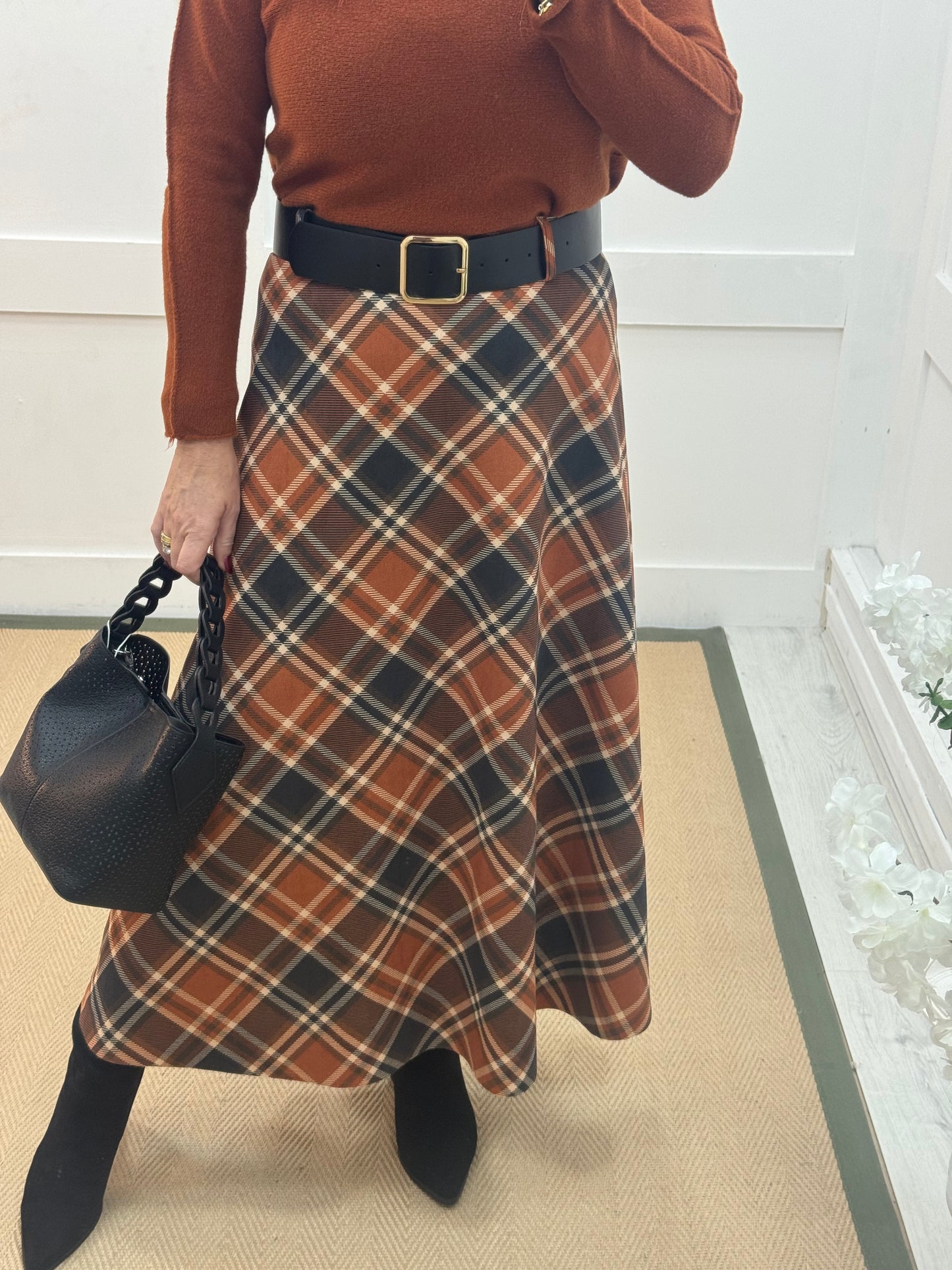 Cara: Orange belted tartan check skirt. One size 10-16