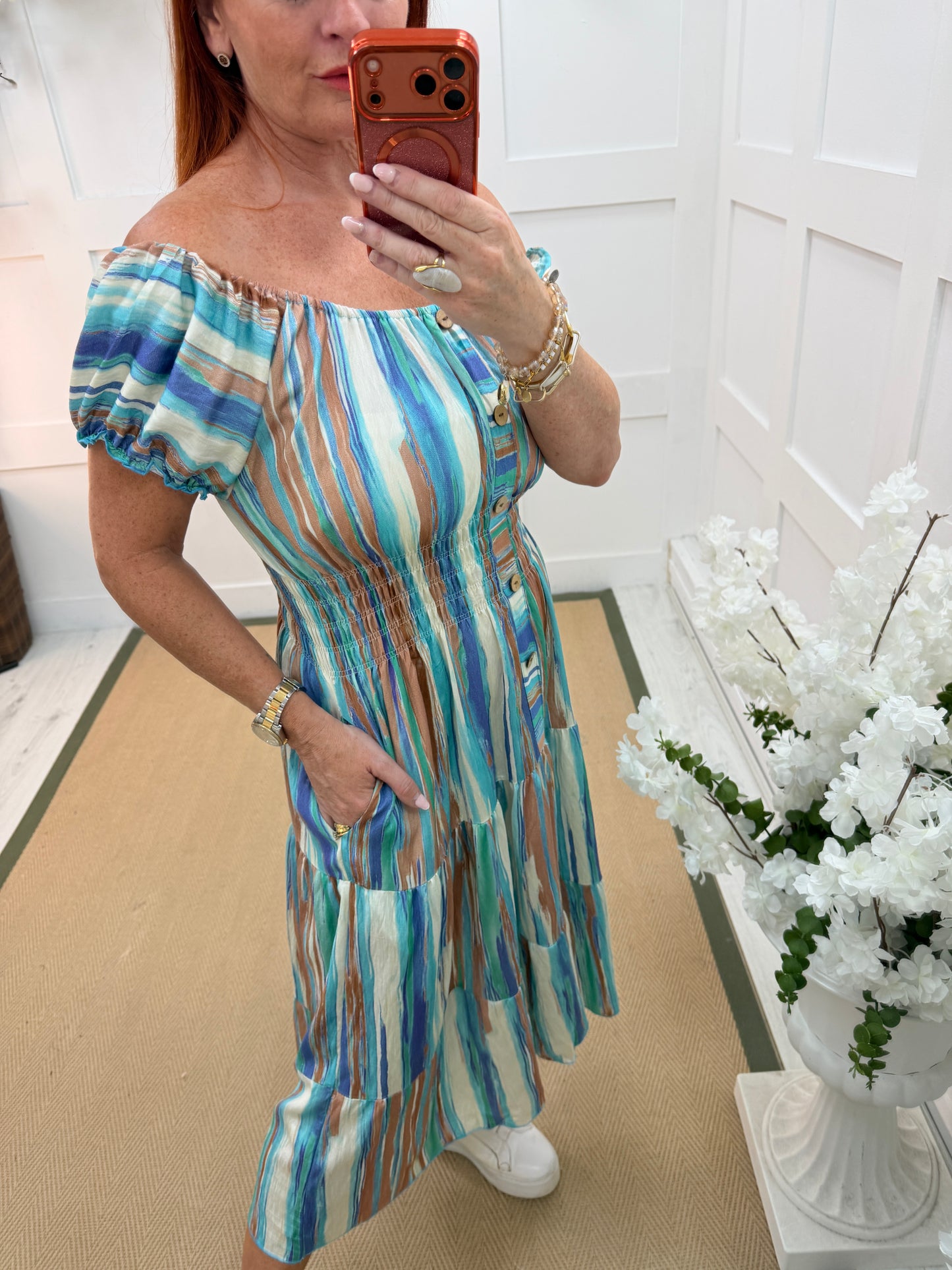 Barbie: Blue & cream stripe stretchy midi dress. One size: 10-18