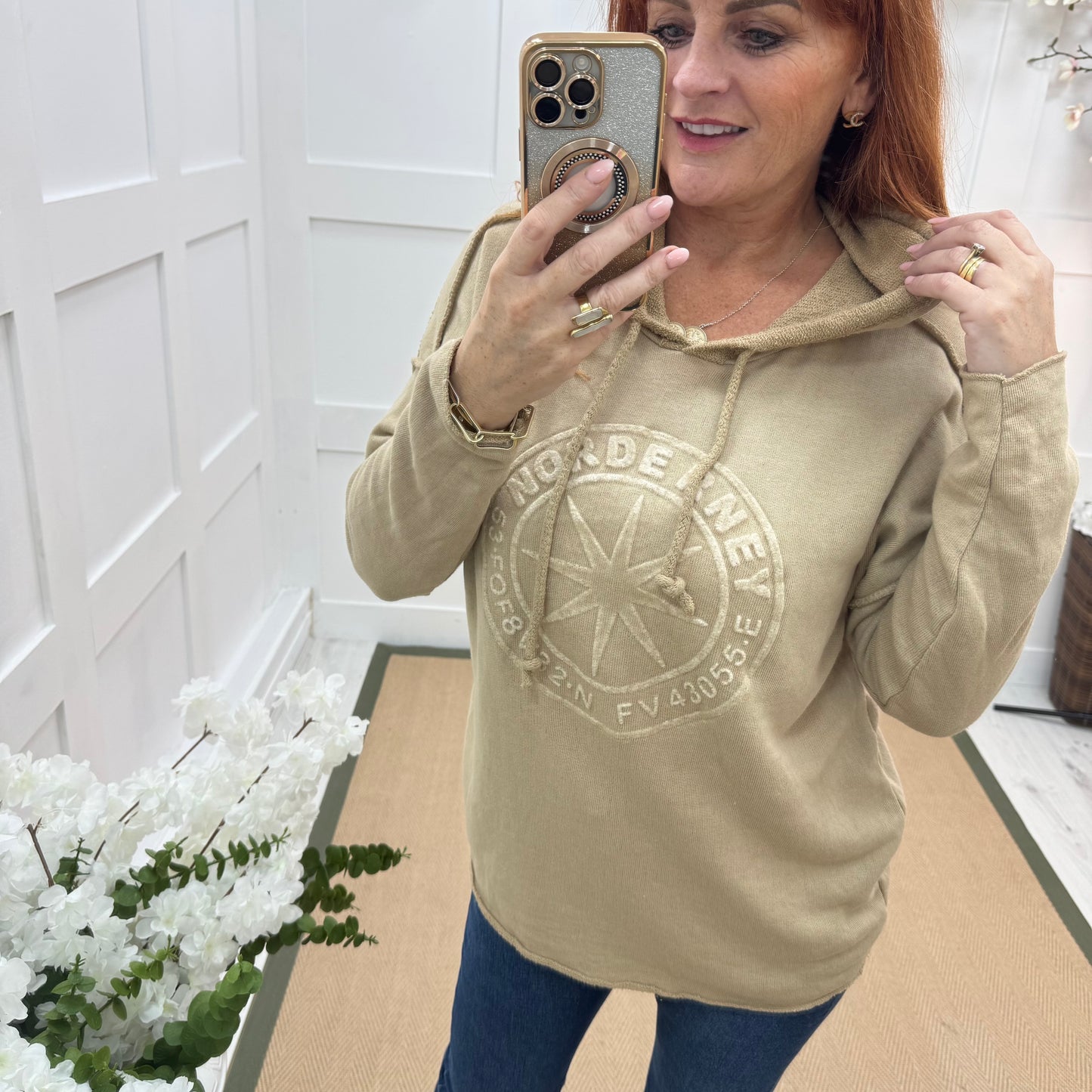 Sara: Sand hooded embossed compass top. One size: 12-18