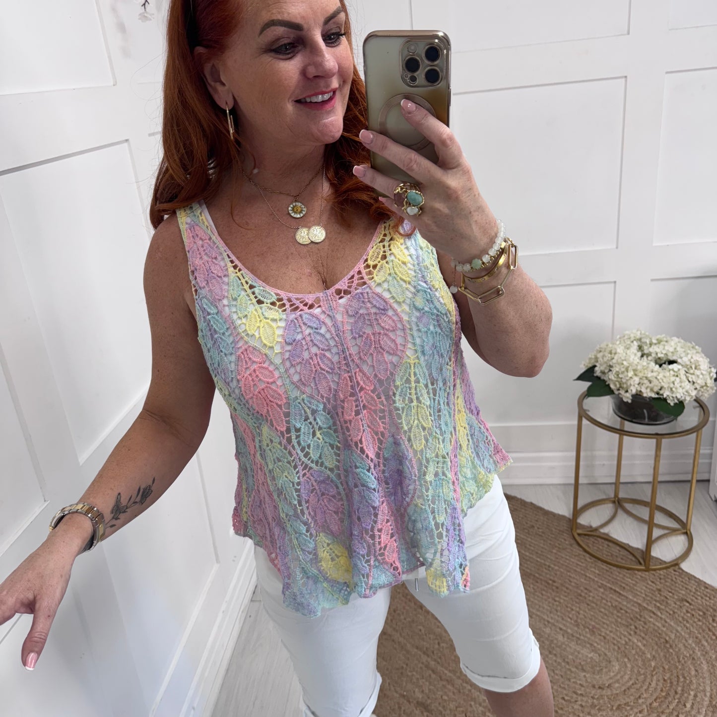 Ellen: Multicoloured crochet vest top. One size: 12-18