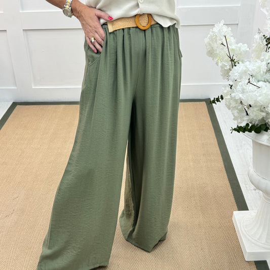 Tiggy: Khaki wide leg belted trousers. One size: 10-16
