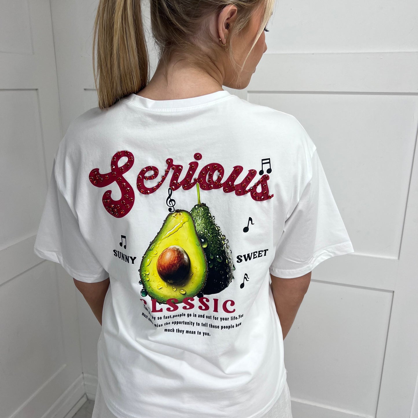April: White rhinestone avocado T shirt. 2 sizes