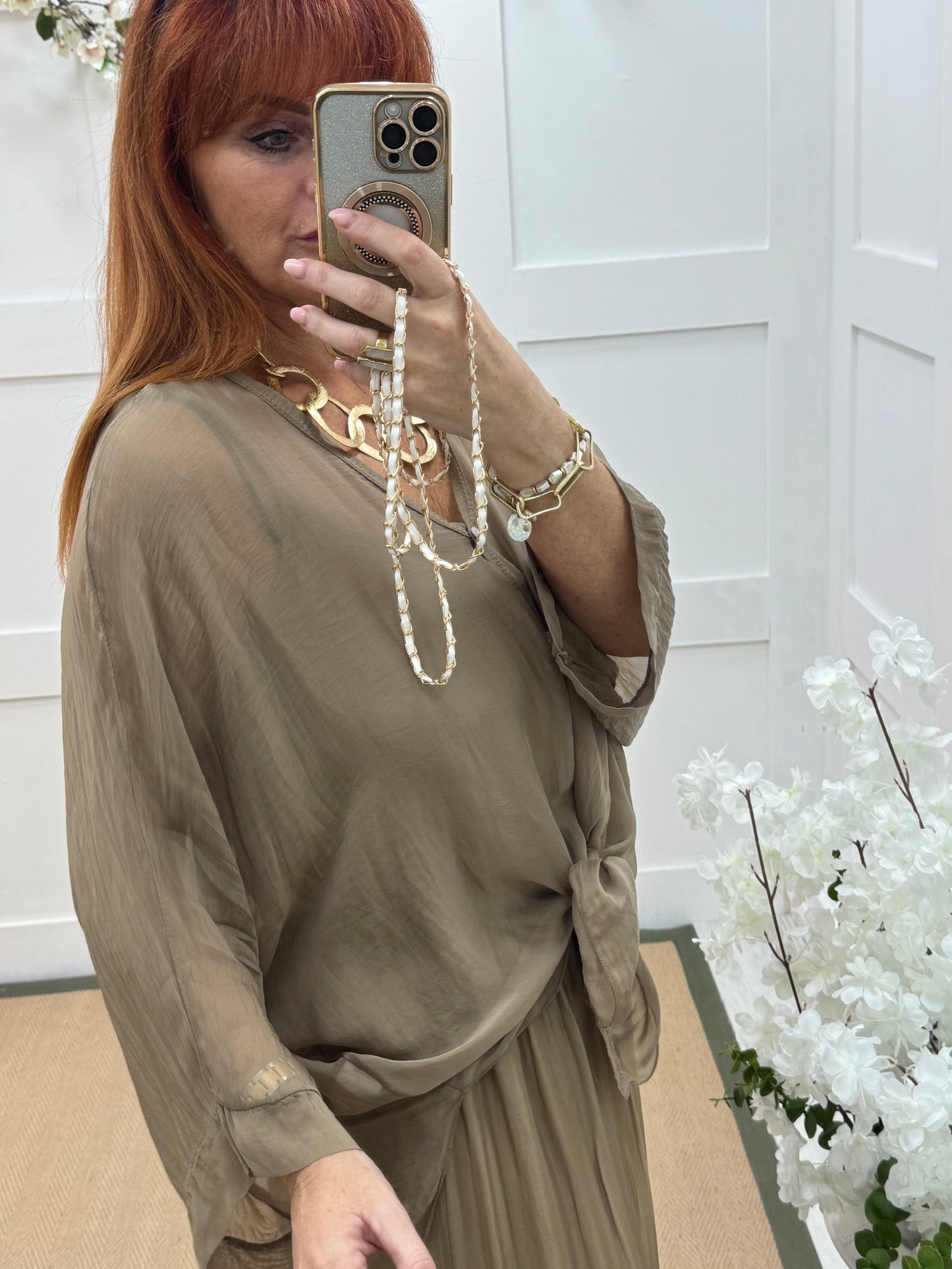 Vienna: Gold V neck silk long sleeve top. One size: 12-20