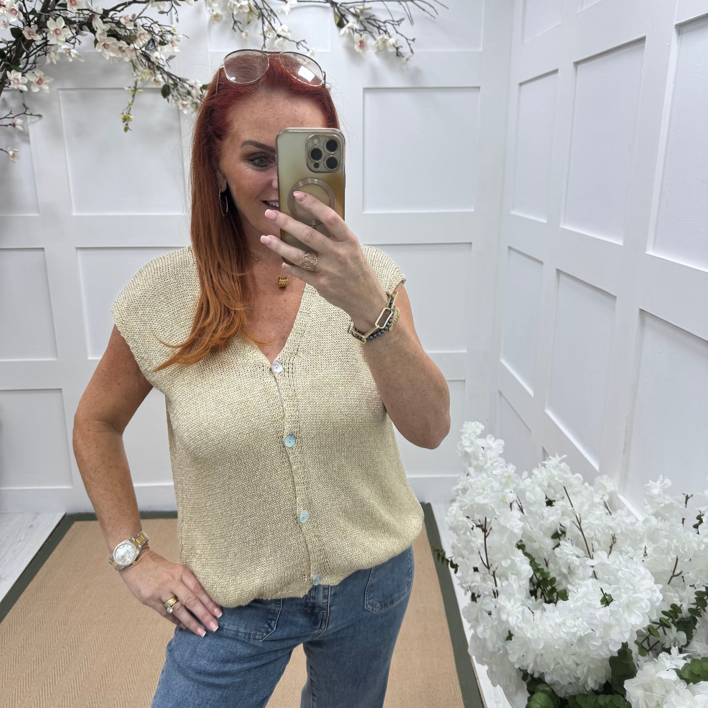 Julie: Gold stretchy lurex knit waistcoat top. One size: 10-18