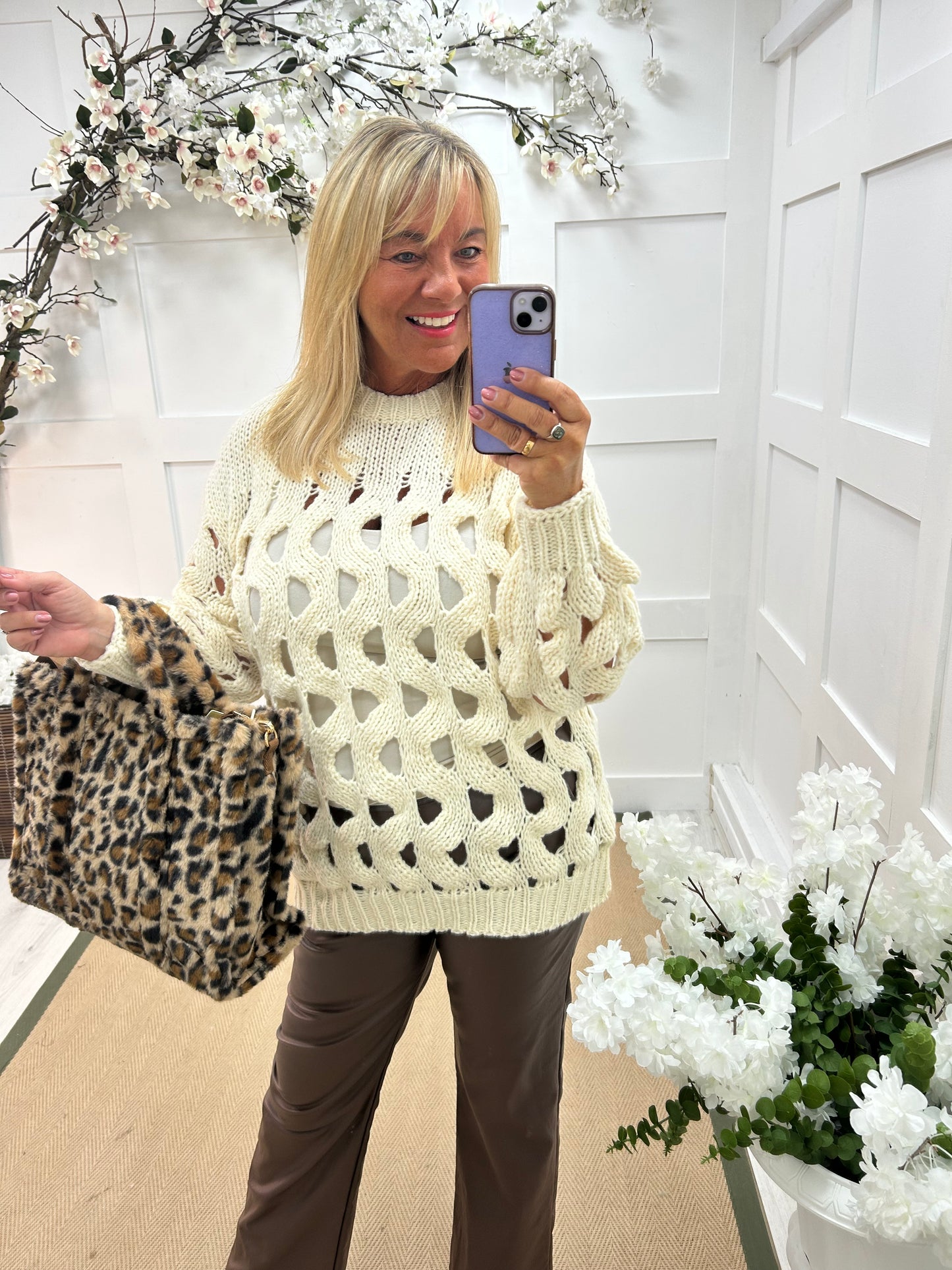 Jazz: Cream long holey open knit top. One Sz: 12-18