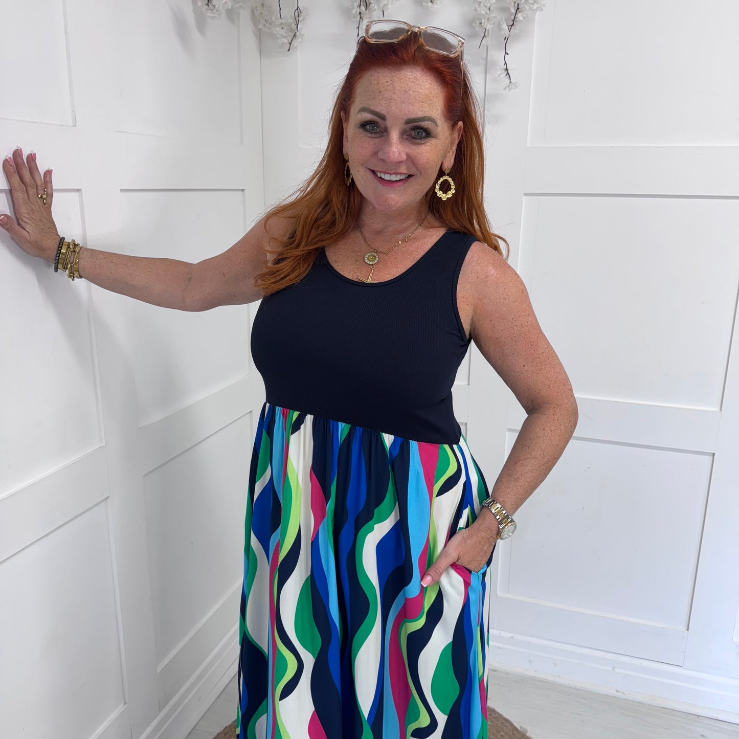 Harper: Navy & multicoloured vest dress . One size 10-18