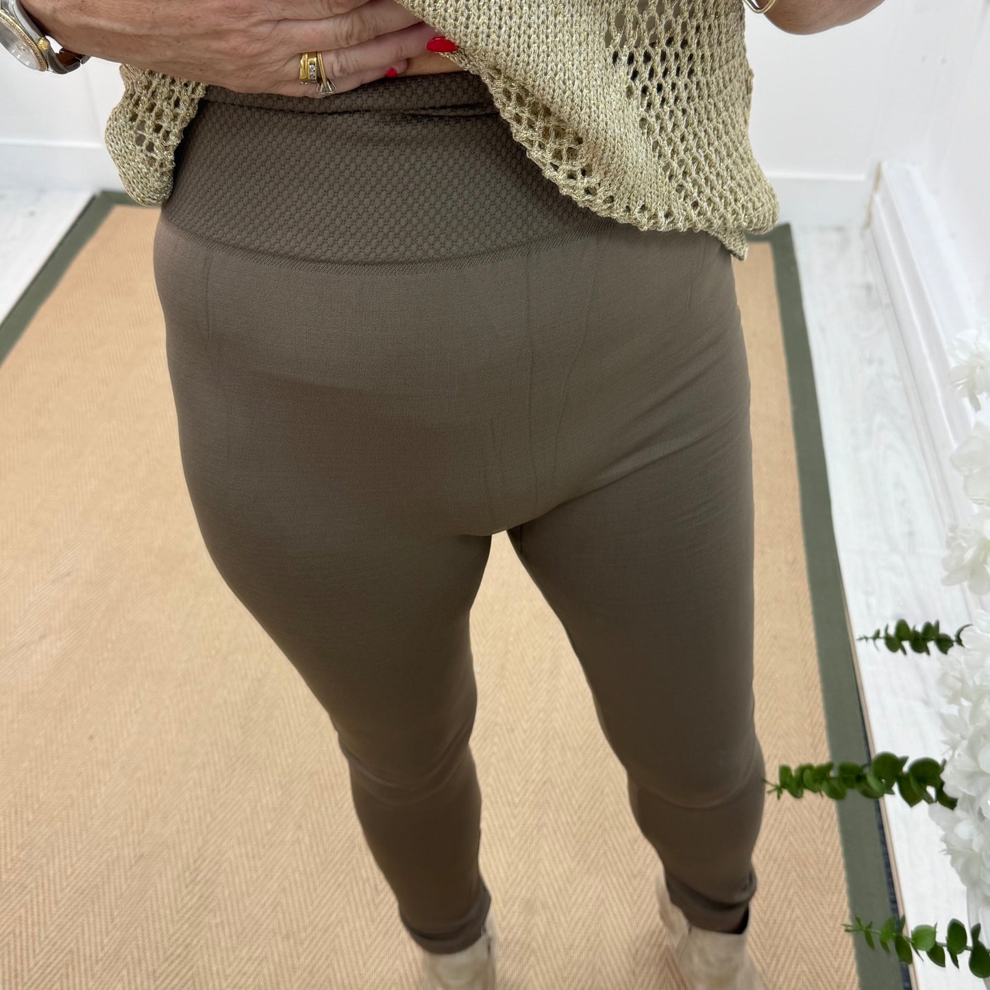 Lorie: Taupe stretchy high waist leggings. One Size 12-20