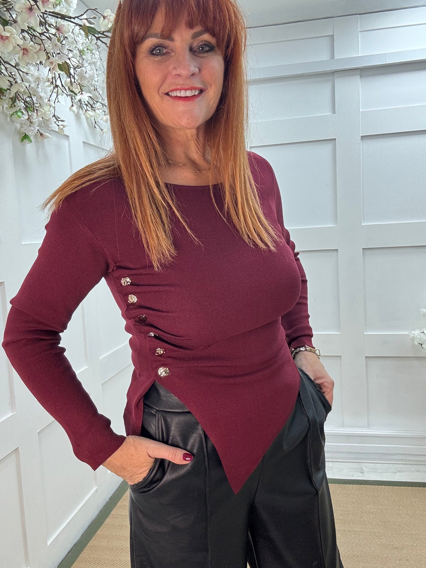 Audra: Burgundy ruched gold button top. 2 sizes