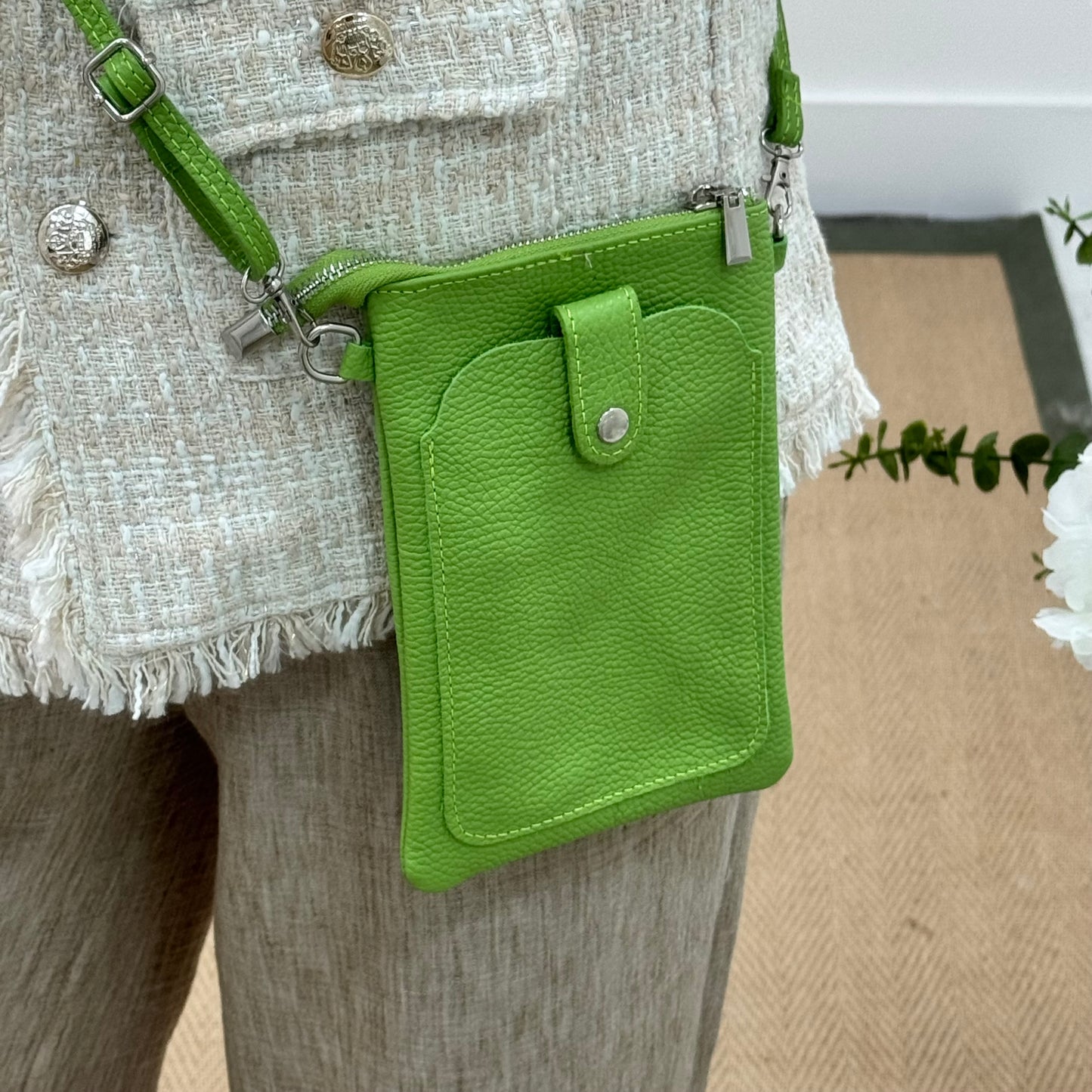 Petra: Lime Italian leather phone cross body bag