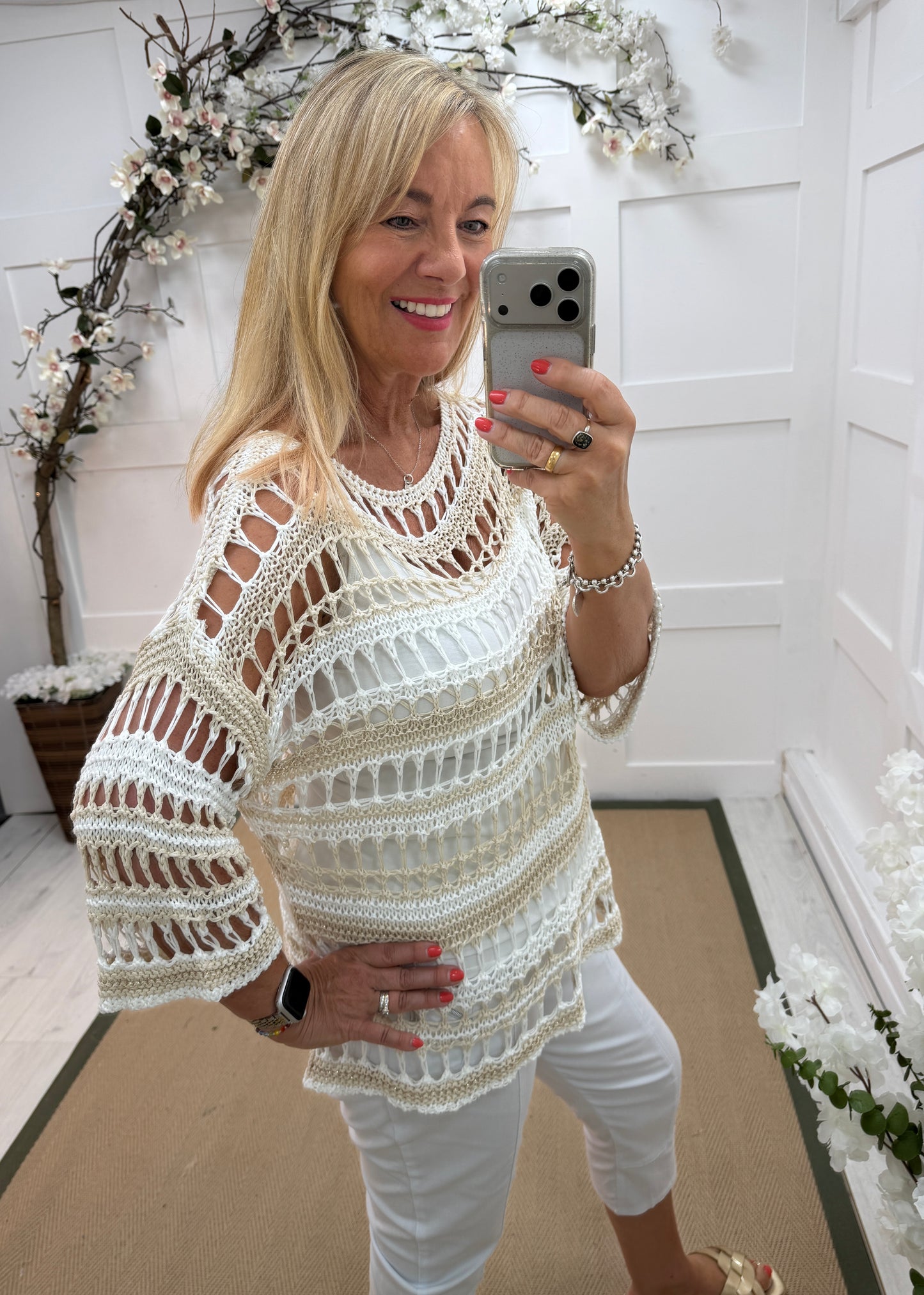 Olivia: 3/4 sleeve stripe holey open knit top. One Sz: 12-18. 3 colours
