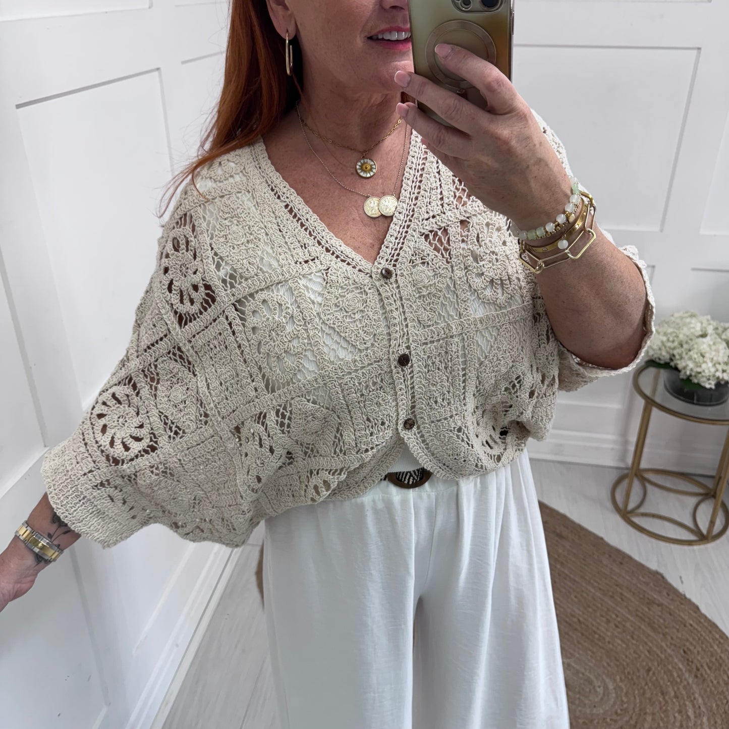 Marcie: Cream batwing crochet cardigan. One size: 10-18