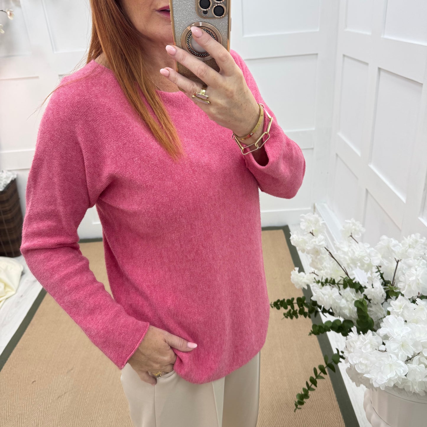 Mindy: Raspberry pink plain long sleeve knit top. One size: 10-16/18
