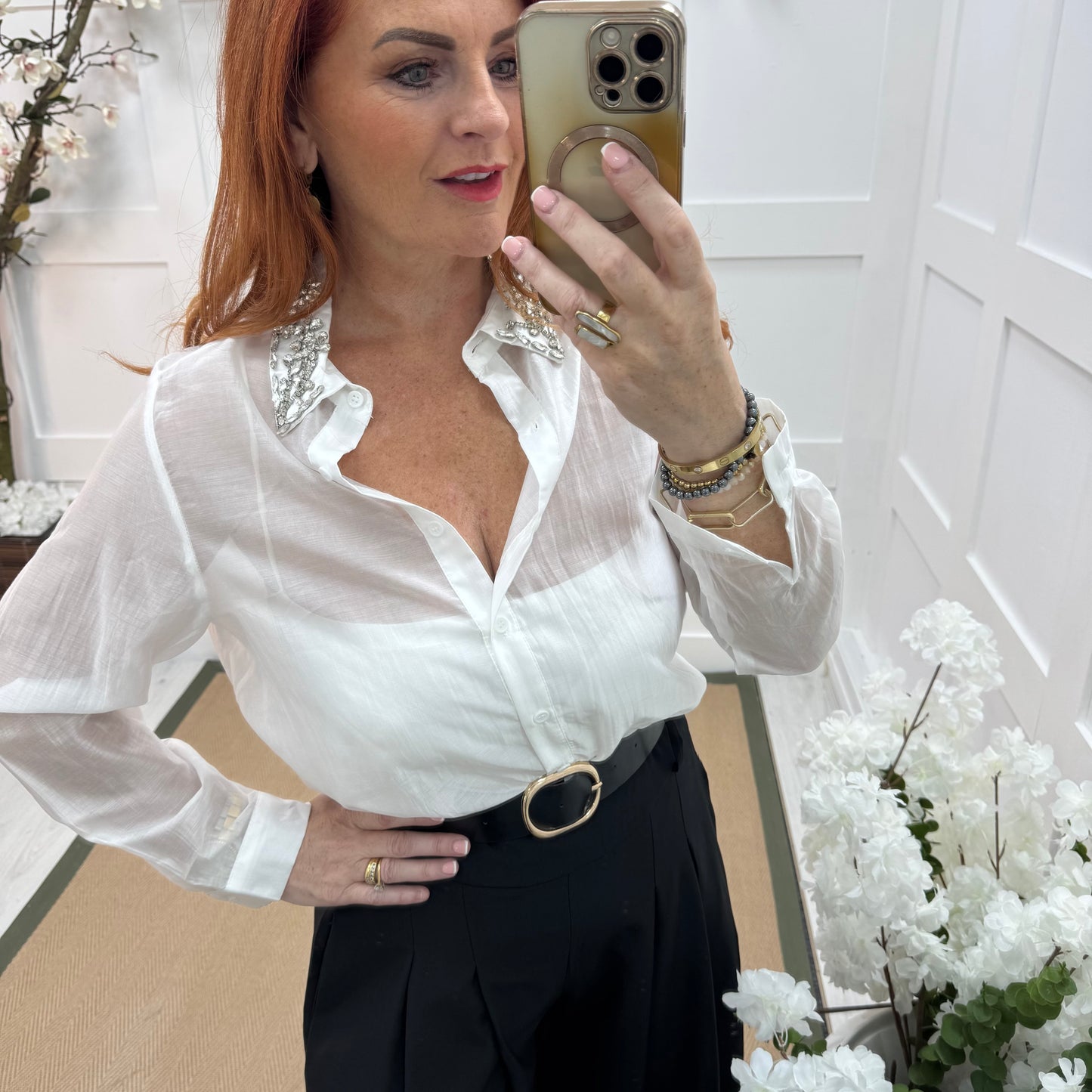 Azira: White rhinestone collar sheer shirt. One size: 10-16