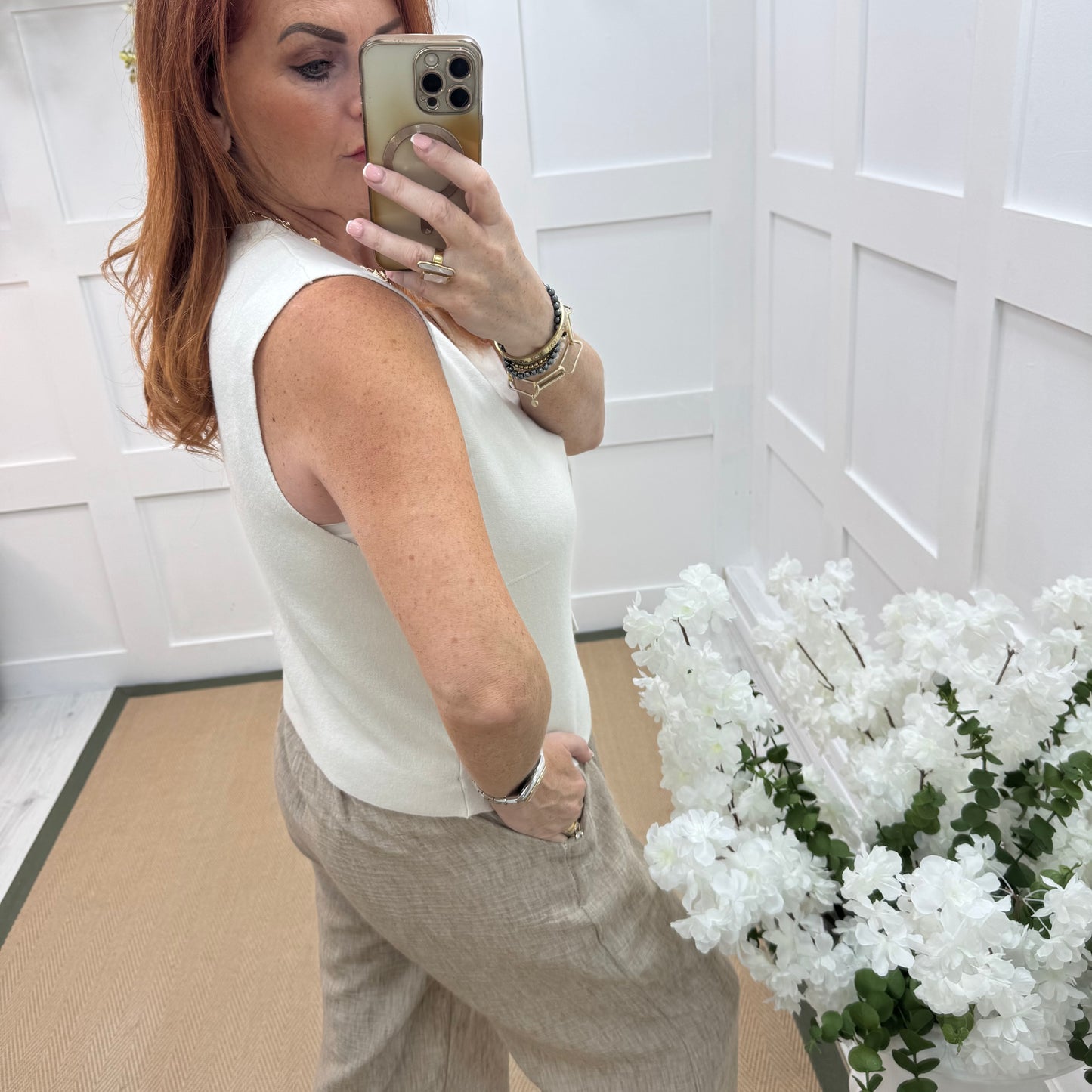 Saffron: Cream fine knit button waistcoat. One size: 10-16
