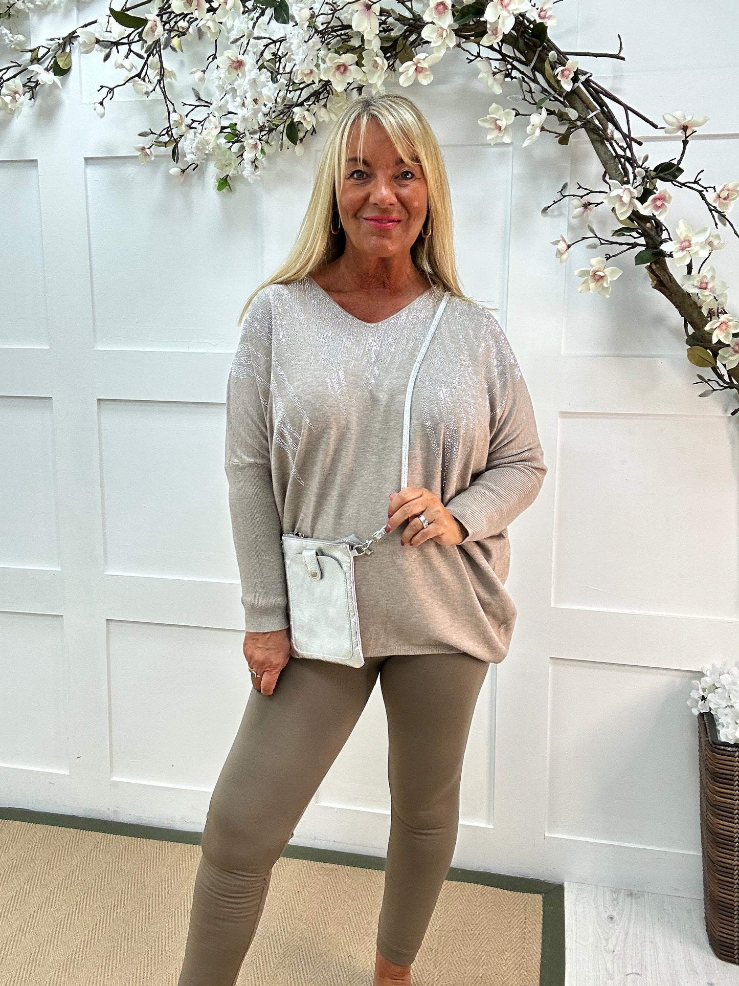 Coco: Beige V neck diamanté long sleeve top. One size: 18-22