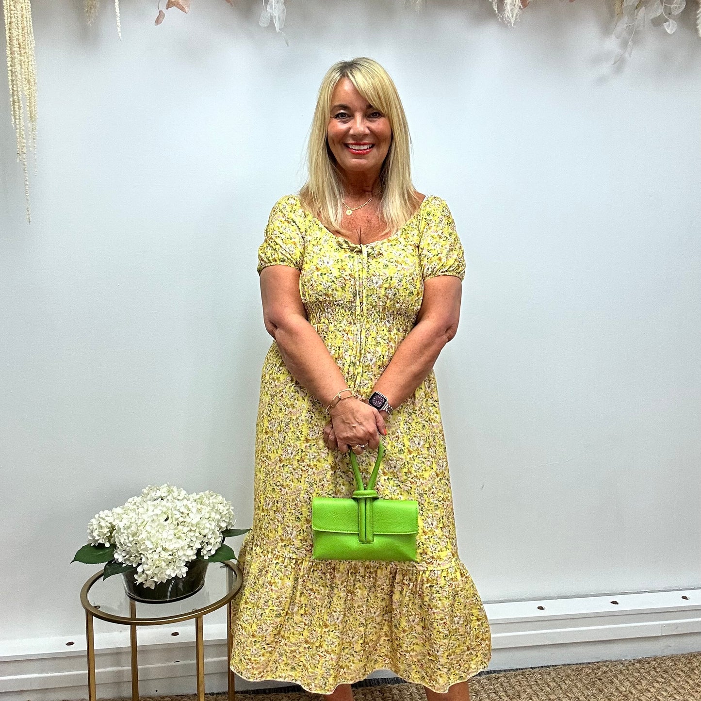Kitty: Lemon ditsy floral midi dress. One size 12-16