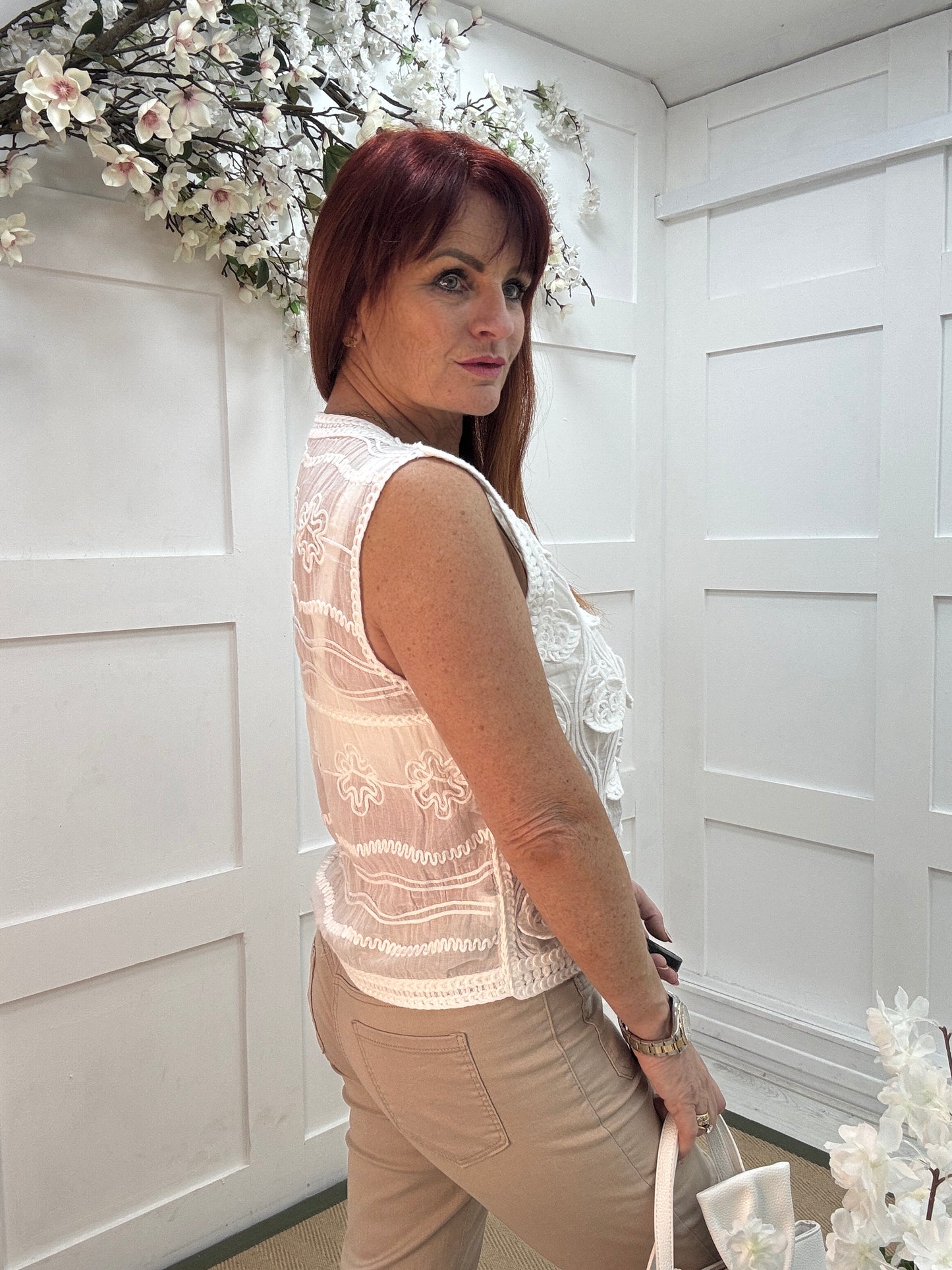 Rosie: White floral embroidered waistcoat top. One size: 10-14