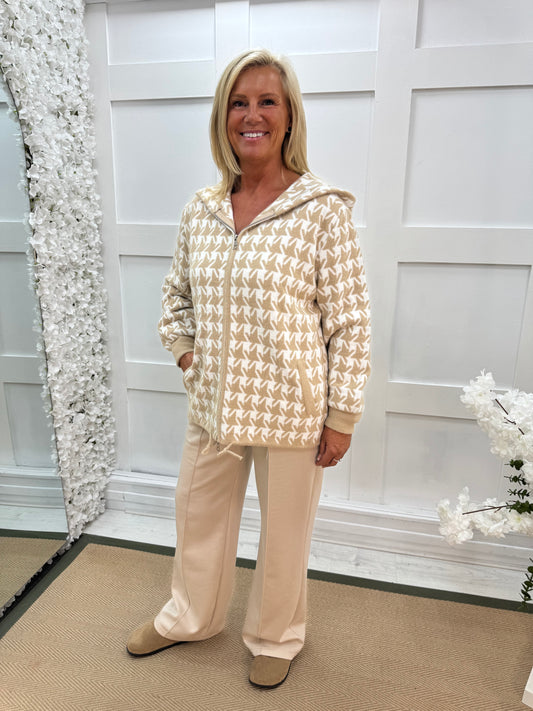 Allegra: Cream hooded zip up coatigan. One size: 12-18