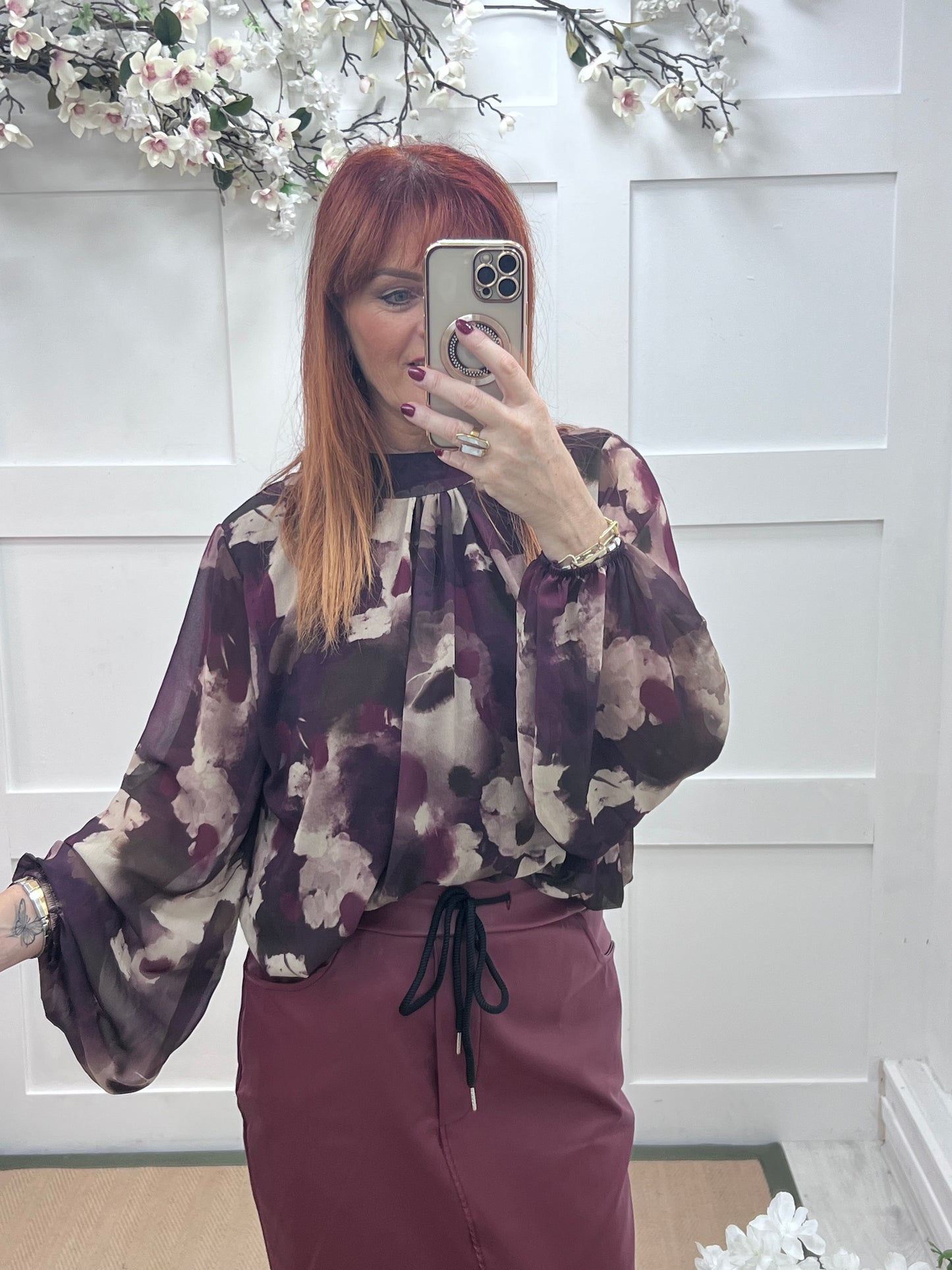 Holly: Burgundy & cream print high neck top. One size: 10-16
