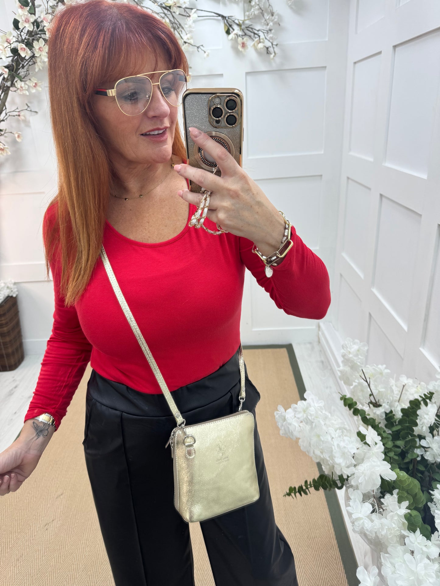 Bessie: Red basic long sleeve top. One size: 10-16/18
