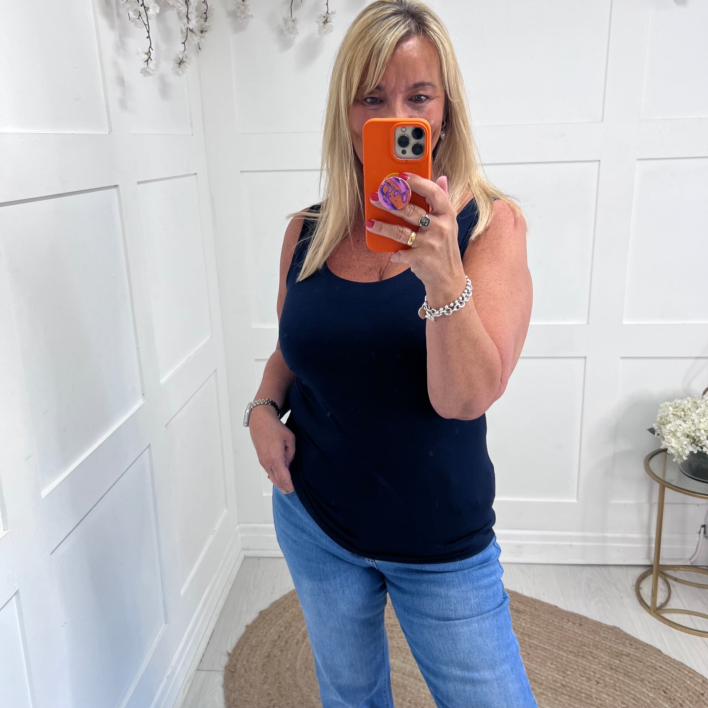 Abigail: Stretchy navy blue basic vest top. 2 sizes