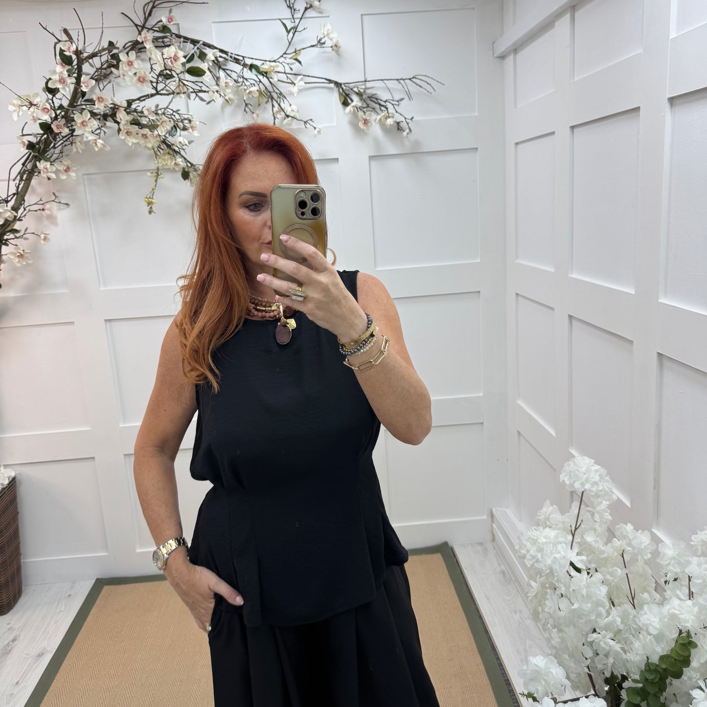 Maisie: Black tie waist peplum top. One size: 14-18