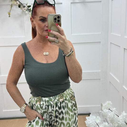 Abigail: Stretchy basic khaki vest top. 2 sizes