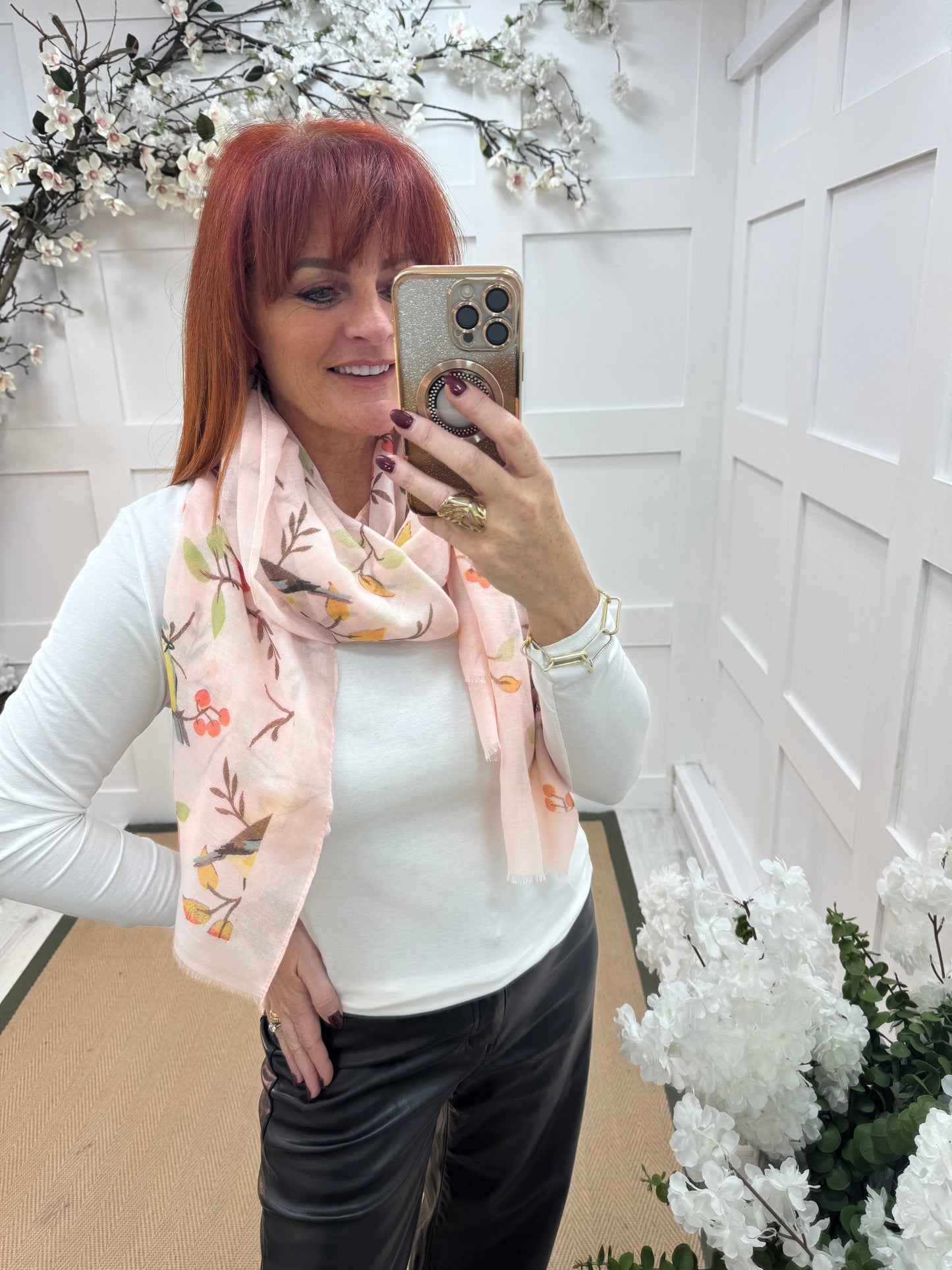 Robyn: Blush pink robin & blue tit bird scarf