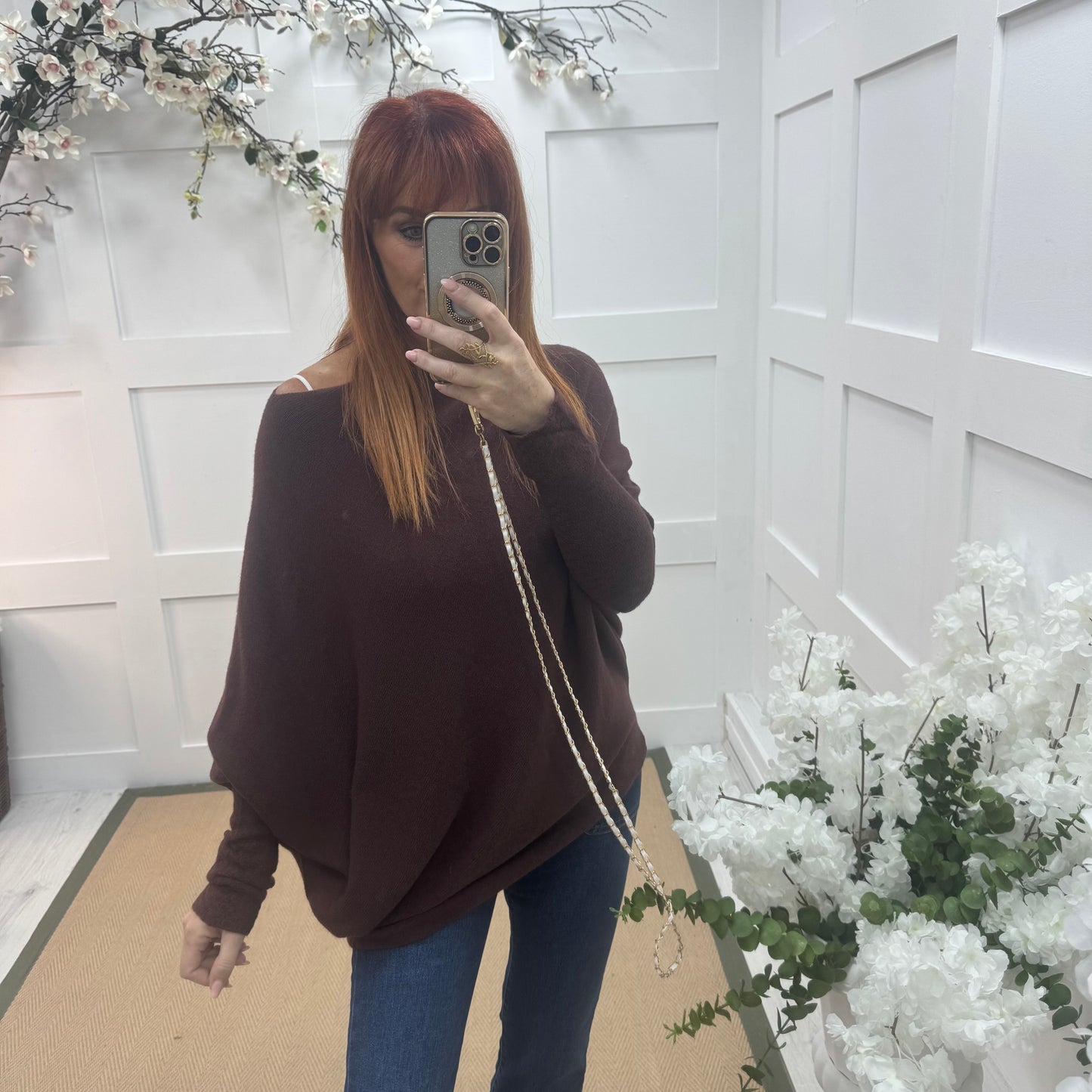 Erica: Brown asymmetrical slouch soft knit top. One size 10-18