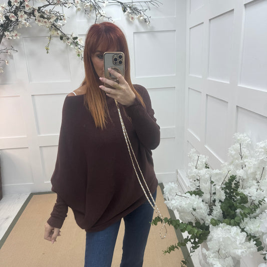 Erica: Brown asymmetrical slouch soft knit top. One size 10-18