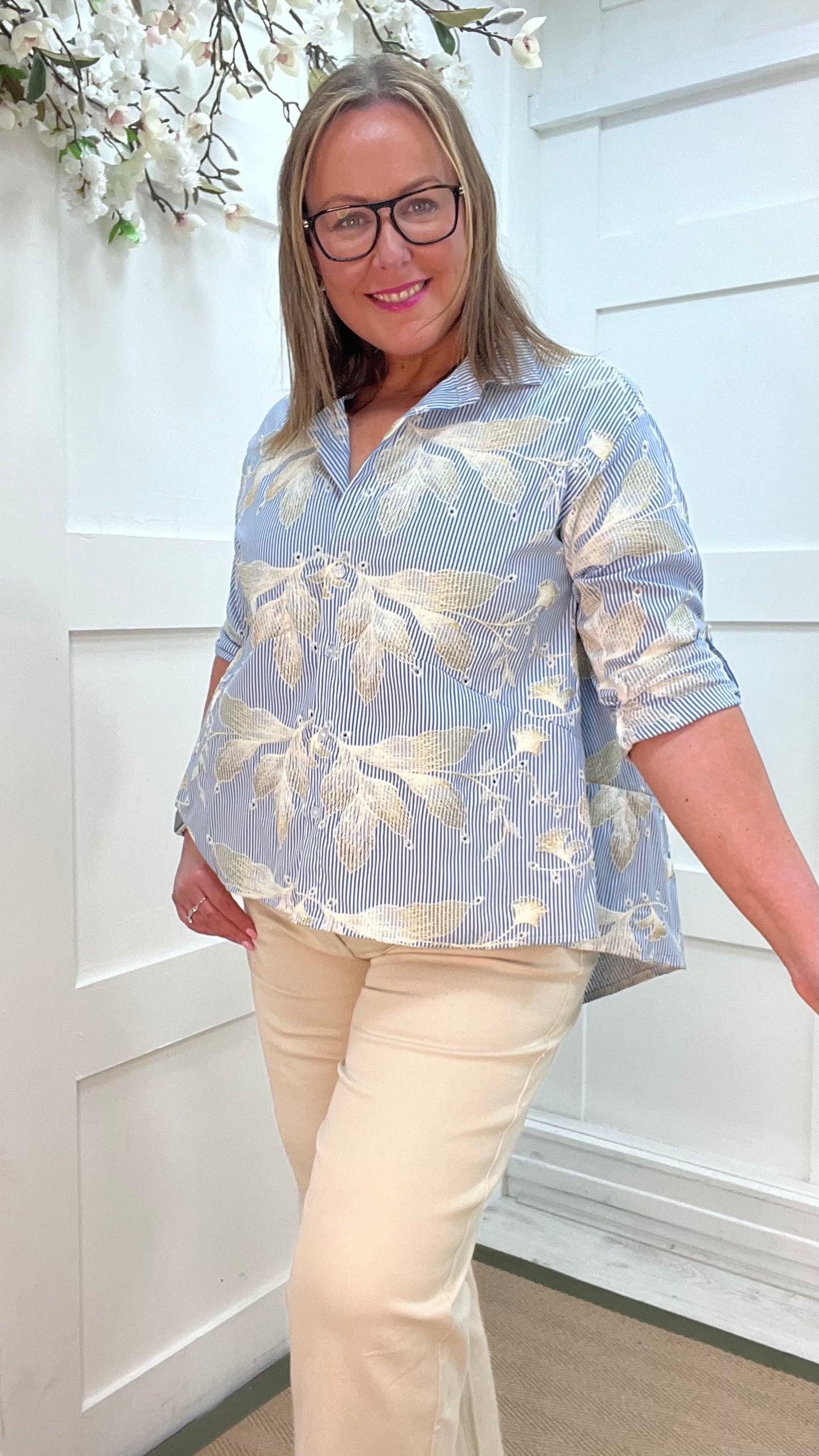 Jessica: Blue & gold embroidered shirt. One Size: 12-16