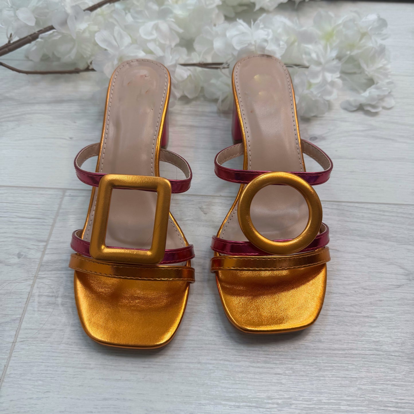 Rosa: Metallic pink & orange large buckle sandals. Sizes: 3-8