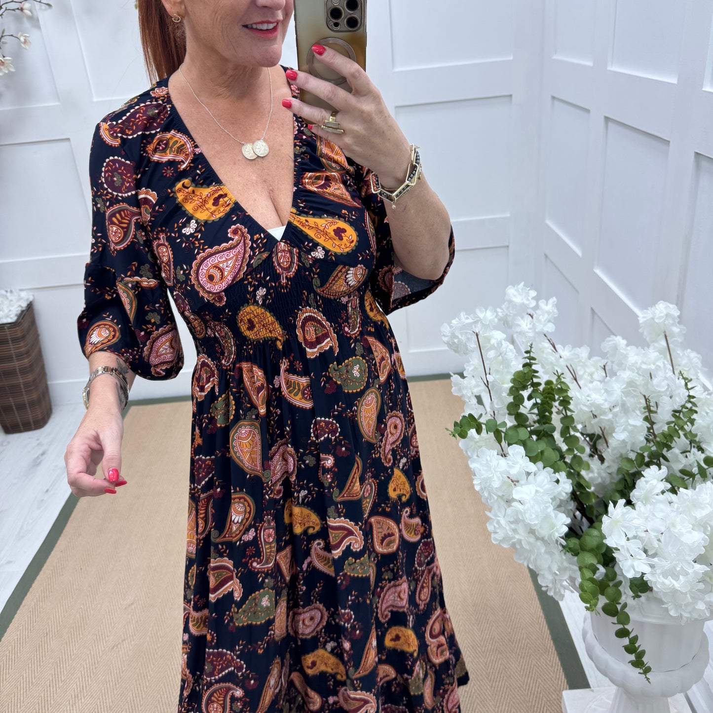 Katia: Navy & orange paisley maxi dress. 3 sizes