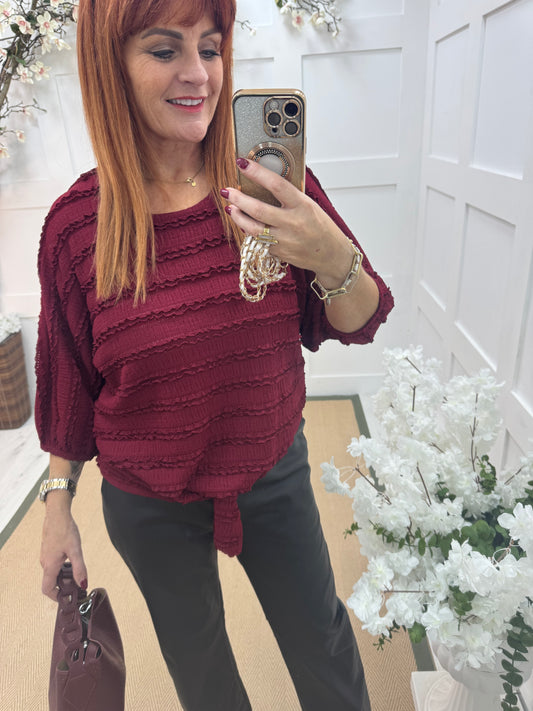 Dorita: Burgundy ruffle & tie top. One size 12-16