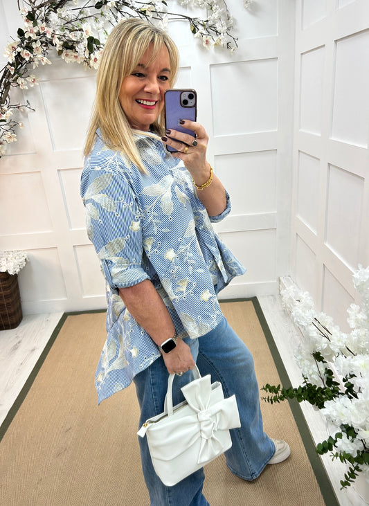 Jessica: Blue & gold embroidered shirt. One Size: 12-16