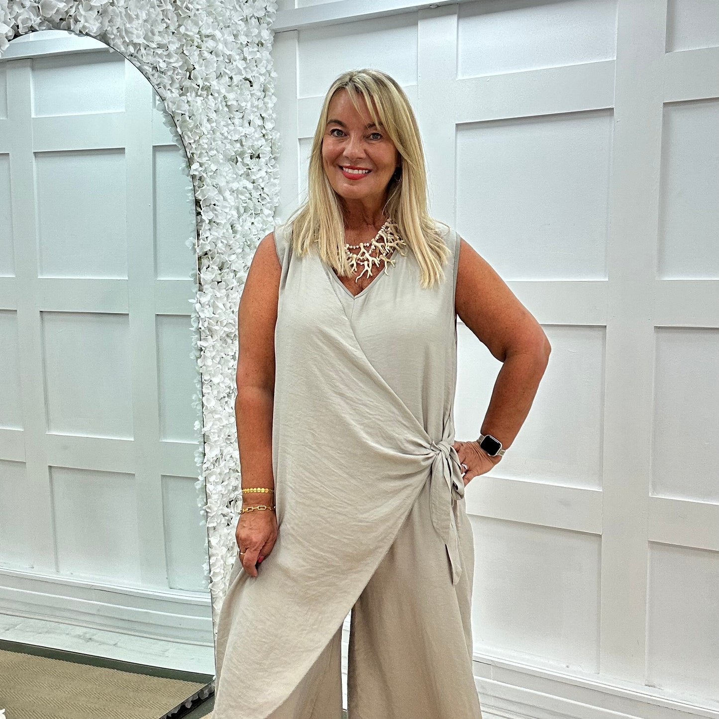 Julianna: Stone wrap wide leg jumpsuit. One size: 14-20