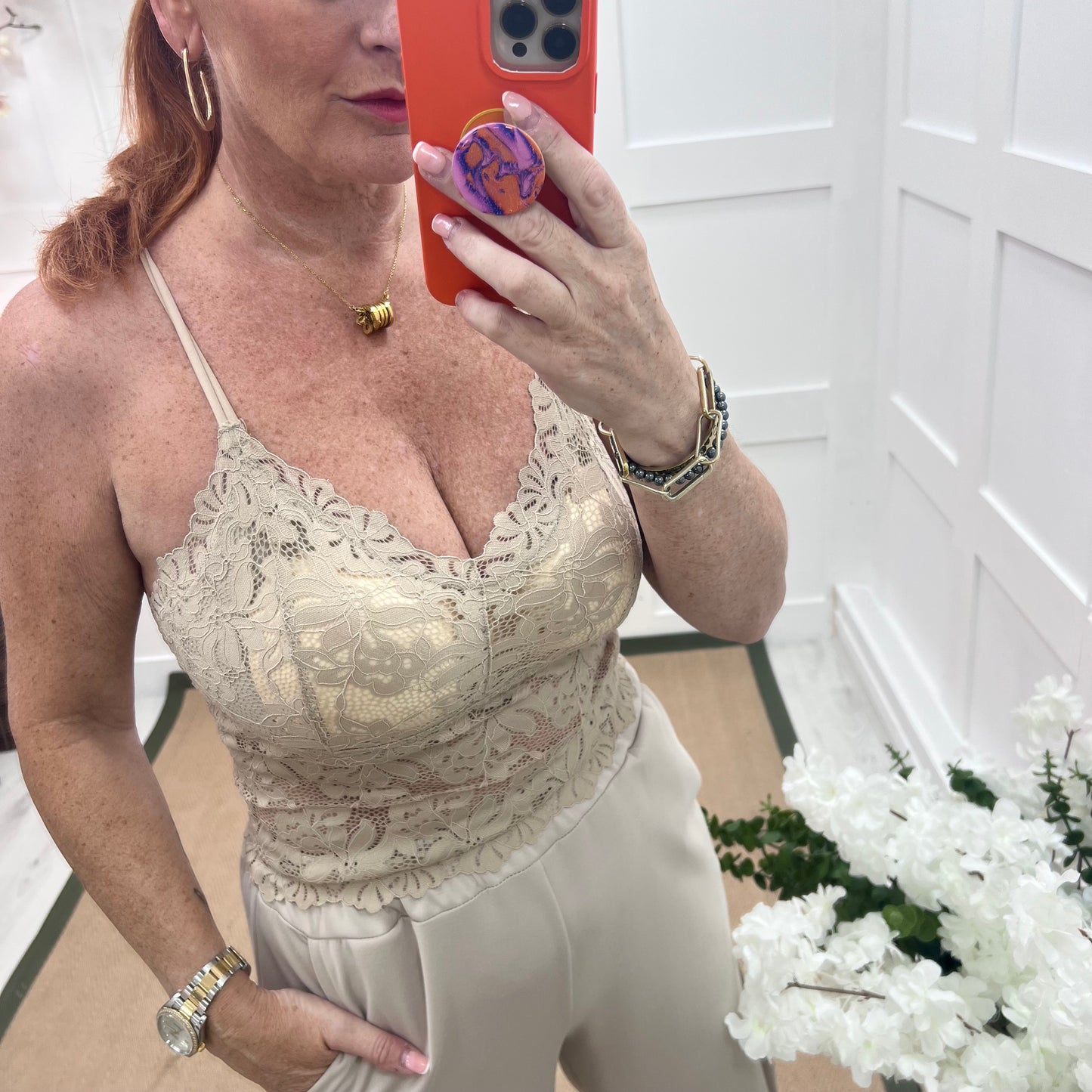 Fifi: Beige strappy lace bralette. One size 8-12
