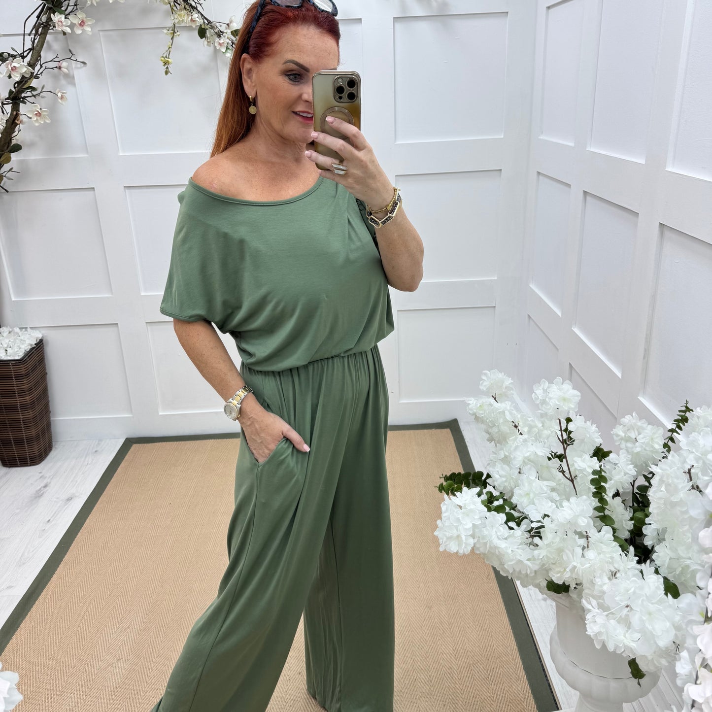 Rhianna: Khaki jersey draped wide leg jumpsuit. One size: 10-16