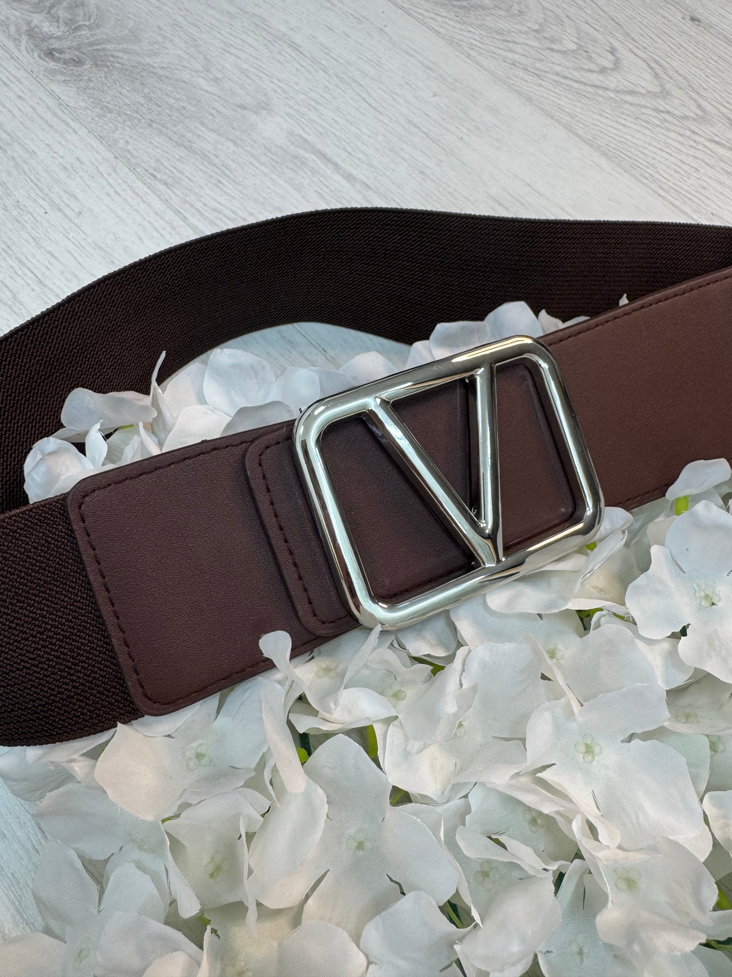 Valerie: Brown silver V buckle wide belt. One size: 8-16
