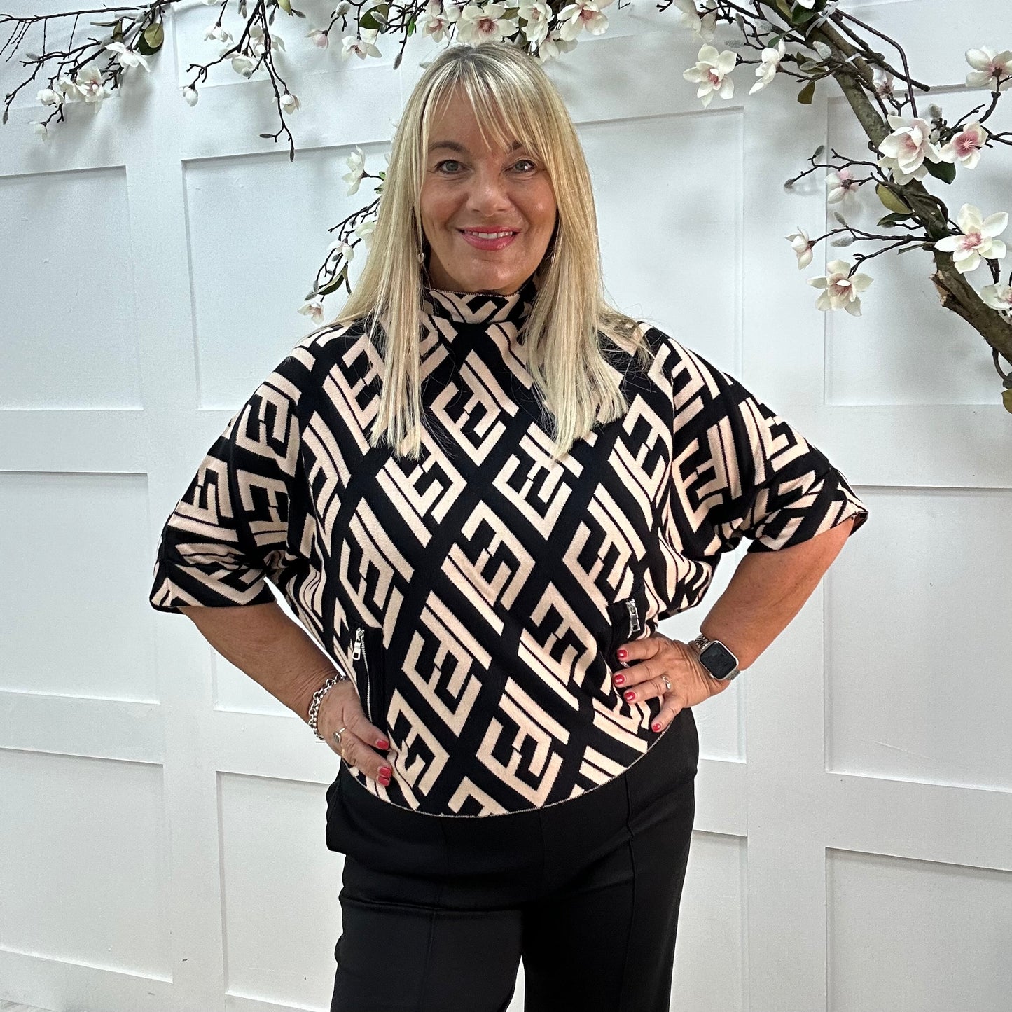Harper: Black designer inspired top. One size: 12-18