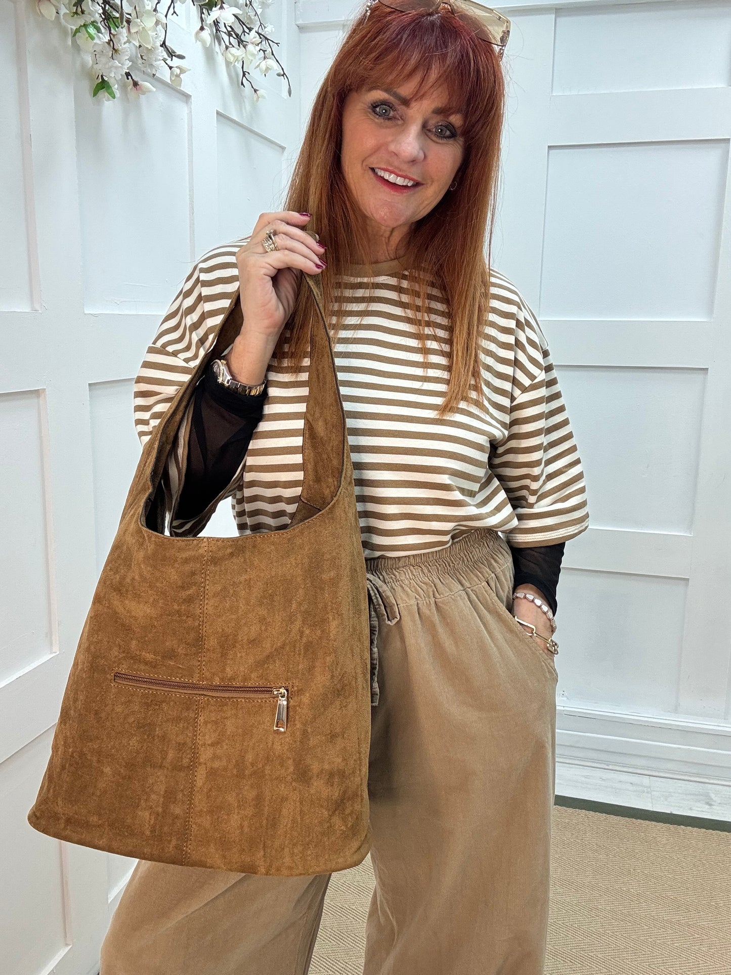 Sable: Tan vegan suede slouchy bag